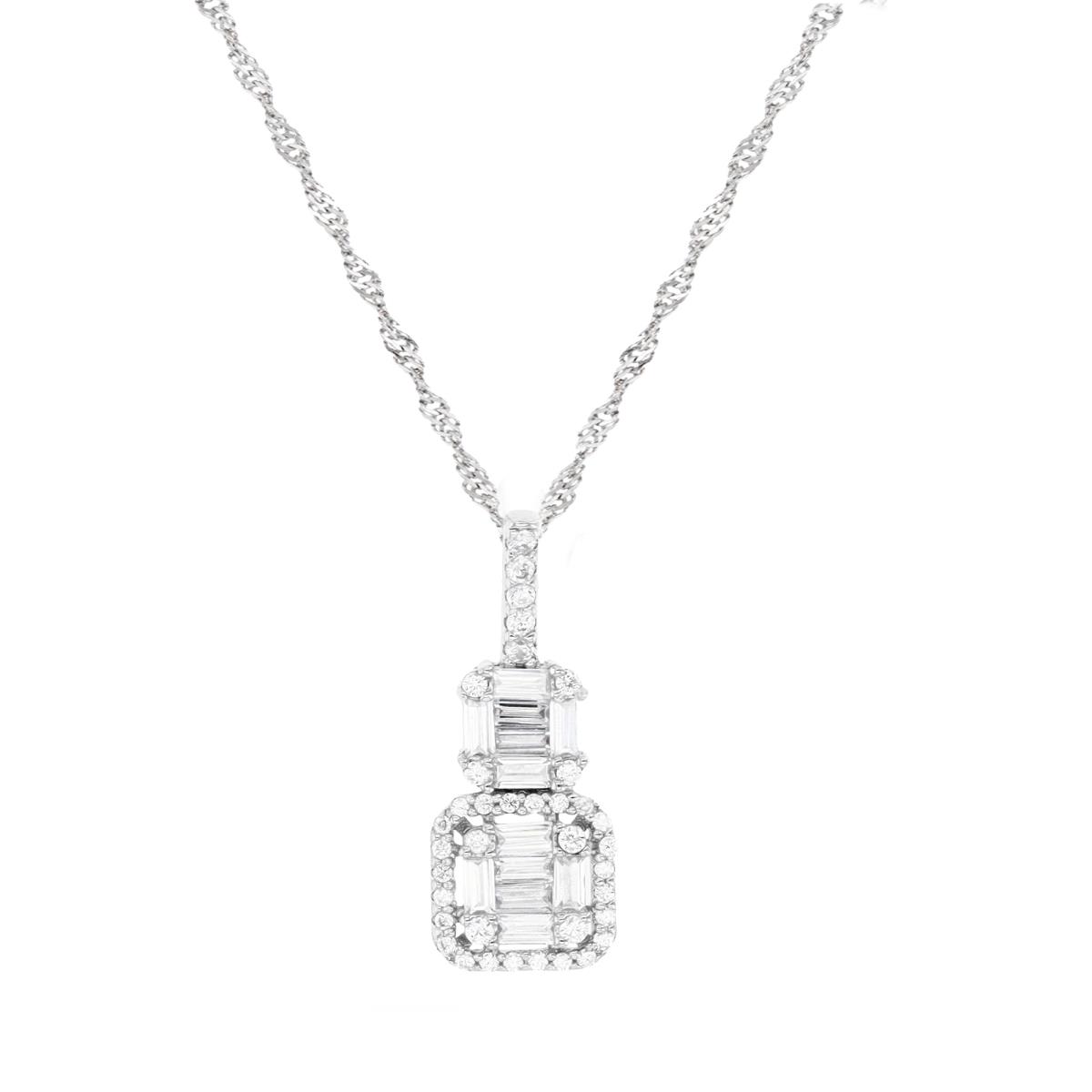 Sterling Silver Rhodium 23X9MM Polished White CZ Multi Baguette 18''+2'' Singapore Necklace