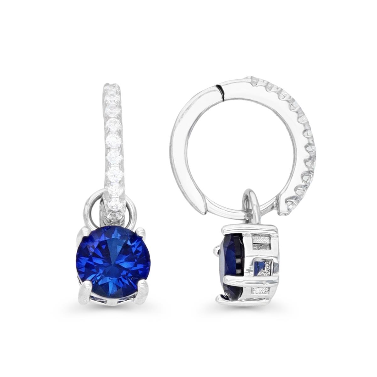 Sterling Silver Rhodium 19X6MM Cr Blue Sapphire & Cr White Sapphire Dangling Huggie Earring