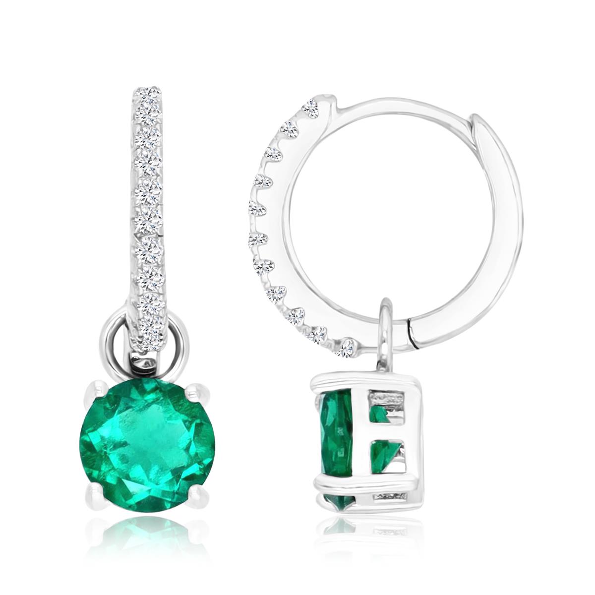 Sterling Silver Rhodium 19X6MM Cr Emerald & Cr White Sapphire Dangling Huggie Earring