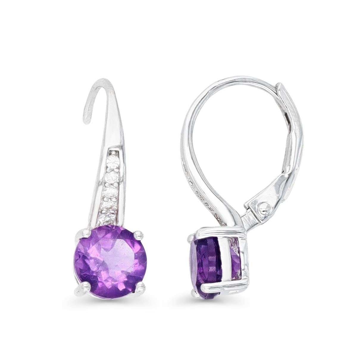 Sterling Silver Rhodium 19X6MM Polished  Amethyst & Cr White Sapphire  Leverback Earring