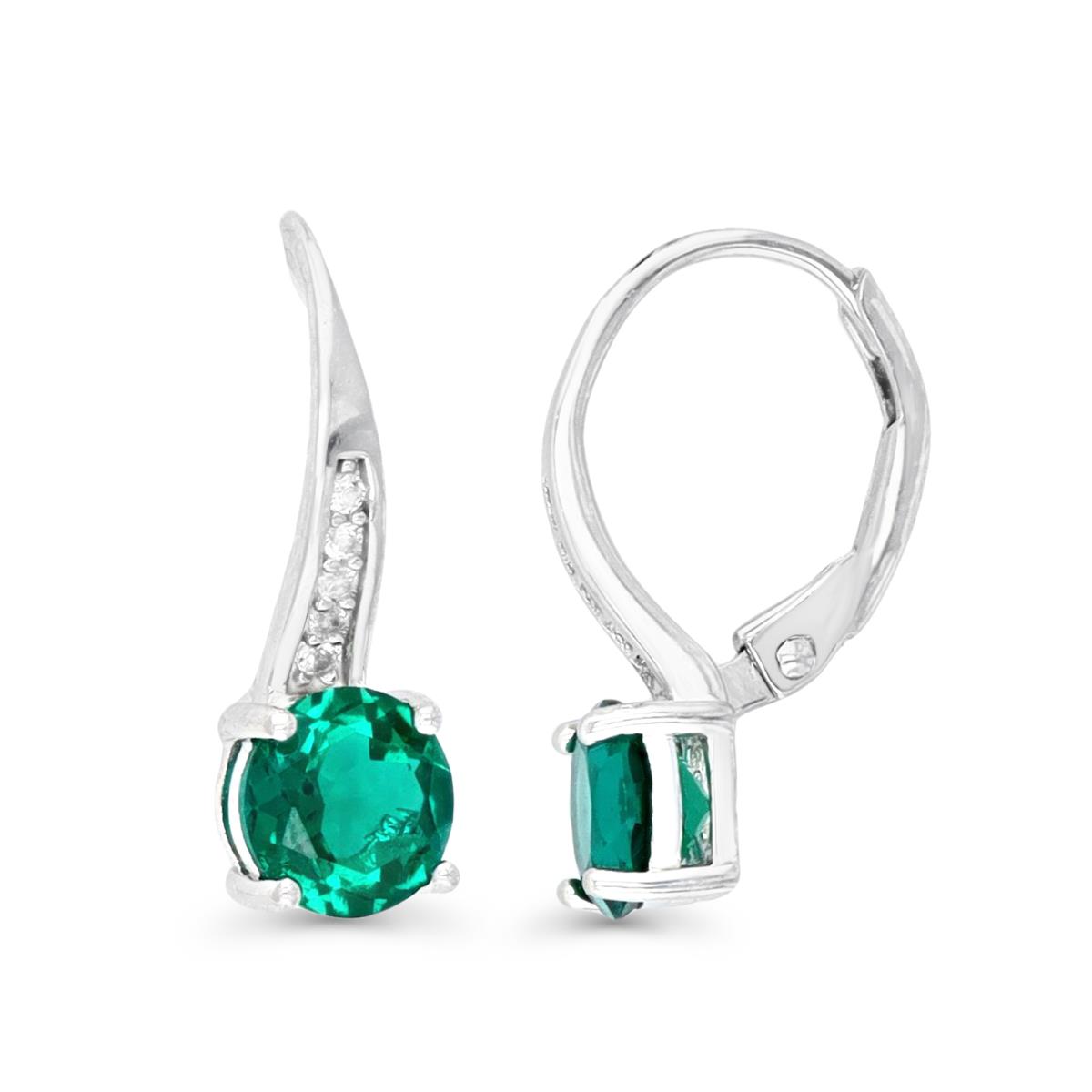 Sterling Silver Rhodium 19X6MM Polished  Cr Emerald & Cr White Sapphire  Leverback Earring
