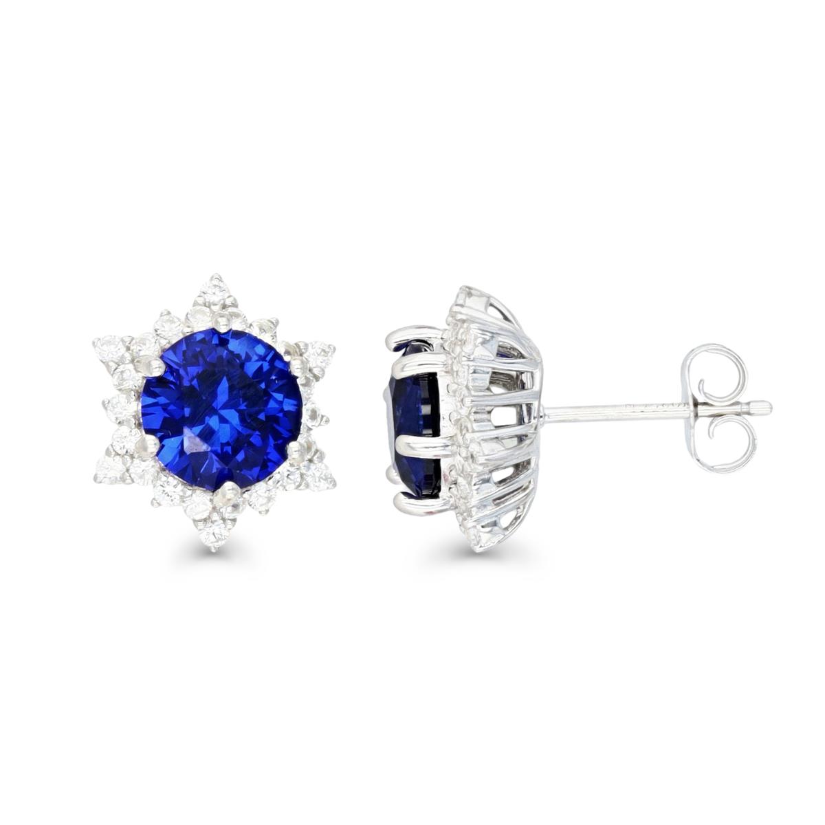 Sterling Silver Rhodium 8MM Cr Blue Sapphire & Cr White Sapphire Star Stud Earring