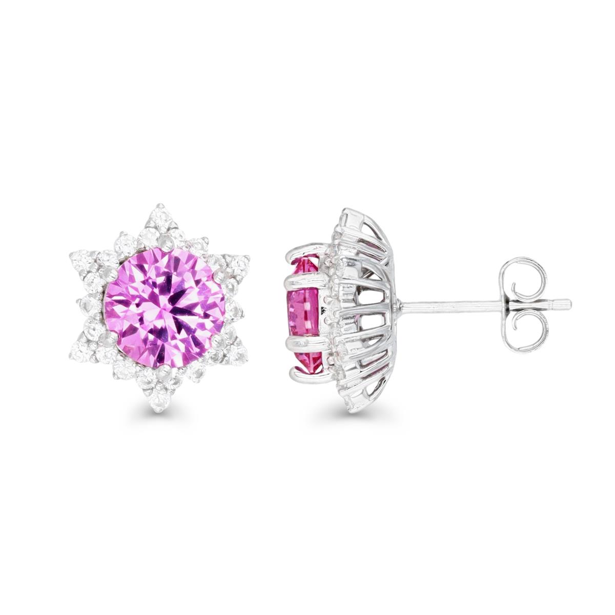 Sterling Silver Rhodium 8MM Cr Pink Sapphire & Cr White Sapphire Star Stud Earring