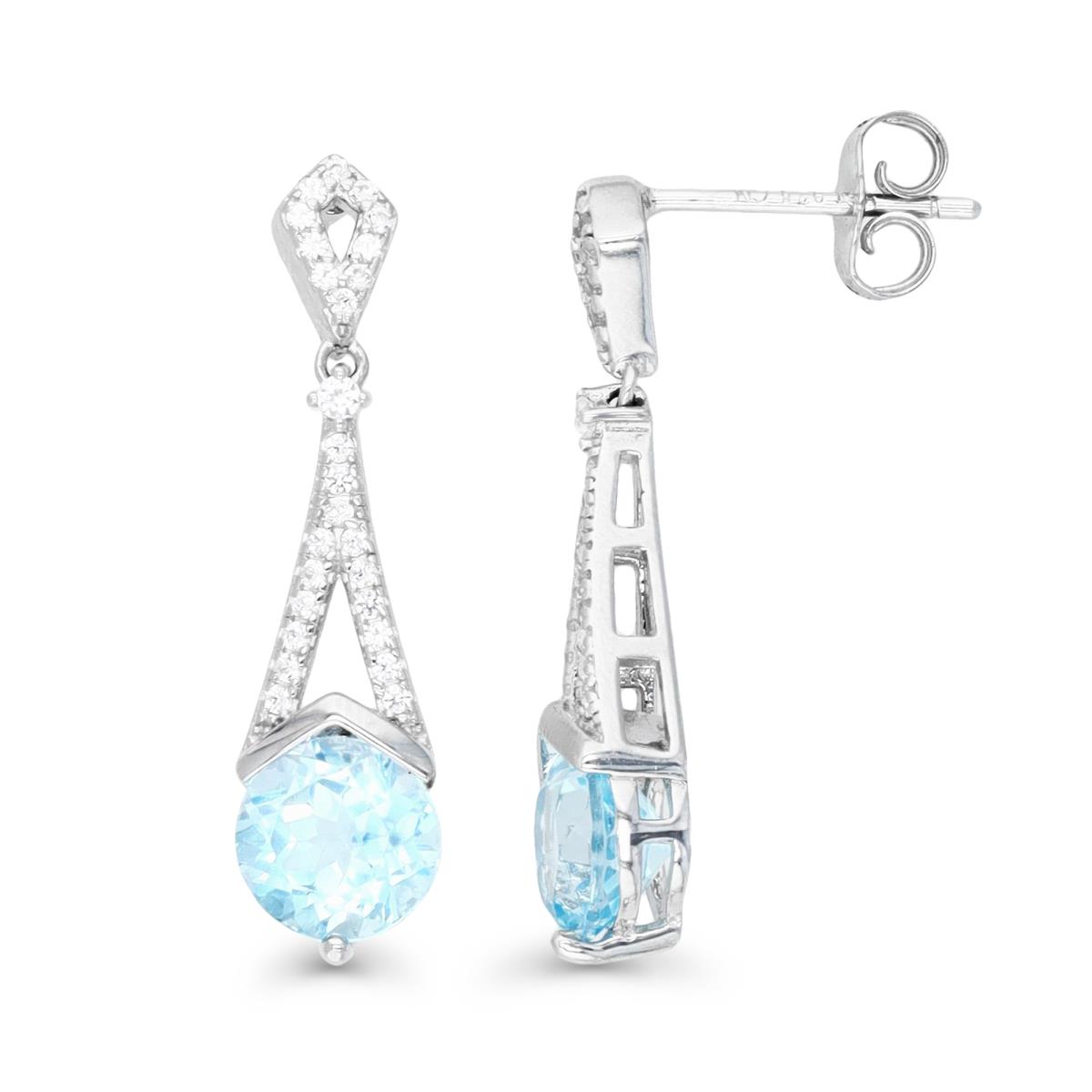Sterling Silver Rhodium Micropave 7MM Round Blue Topaz & Cr White Sapphire Dangling Earring