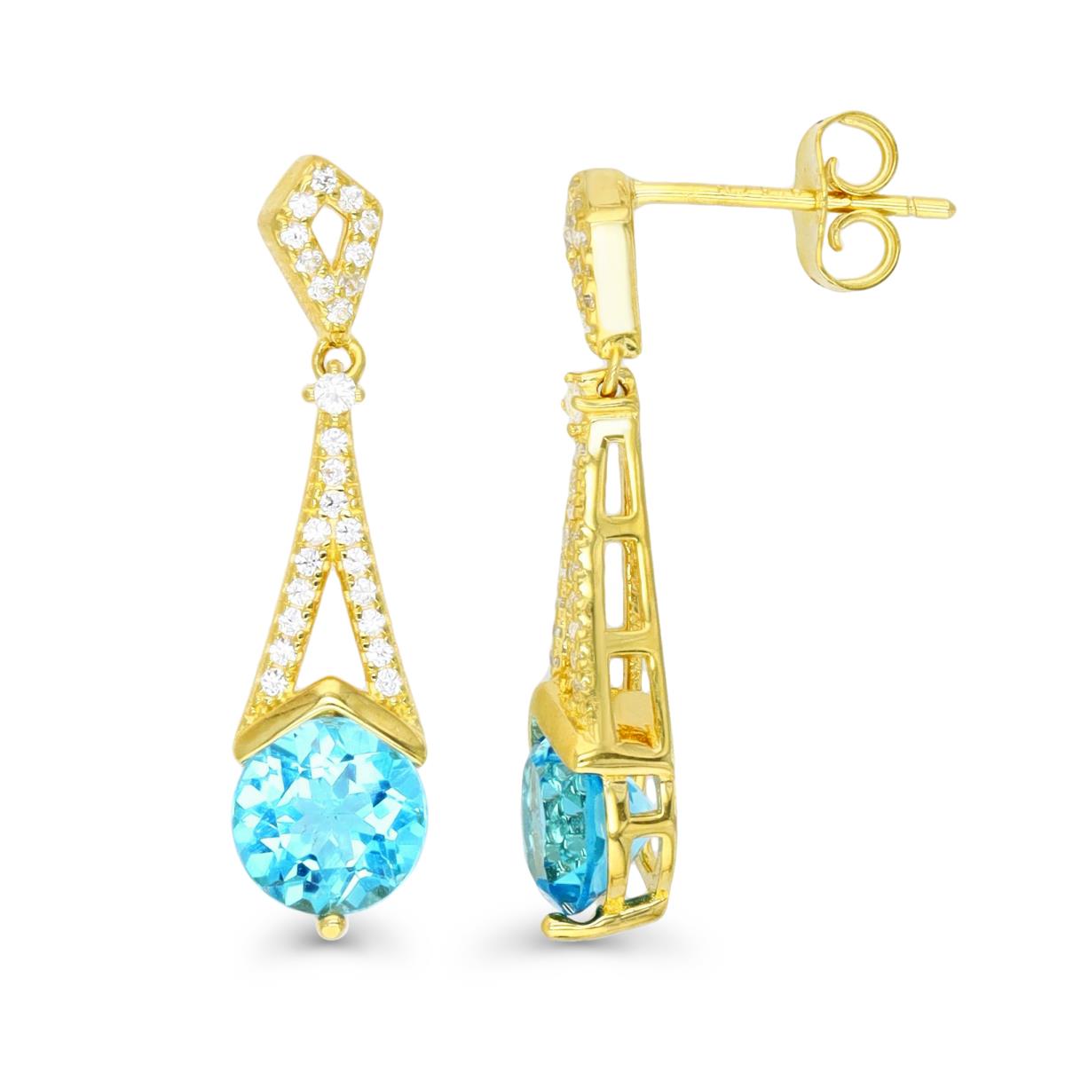 Sterling Silver Yellow Micropave 7MM Round Sky Blue Topaz & Cr White Sapphire Dangling Earring