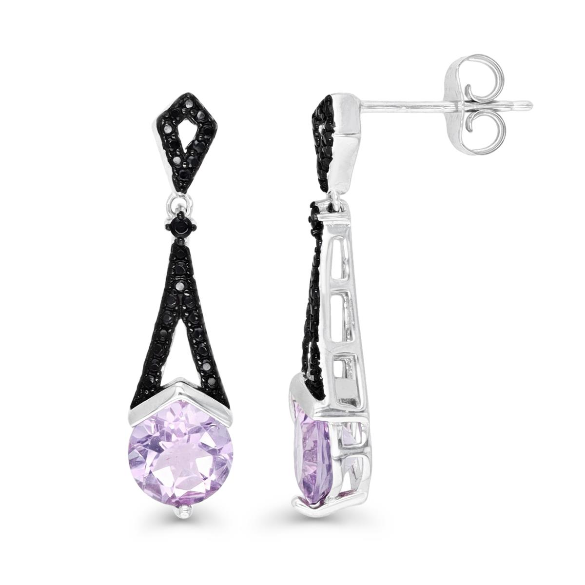 Sterling Silver Rhodium Micropave 7MM Round Rose de France & Black Spinel Dangling Earring