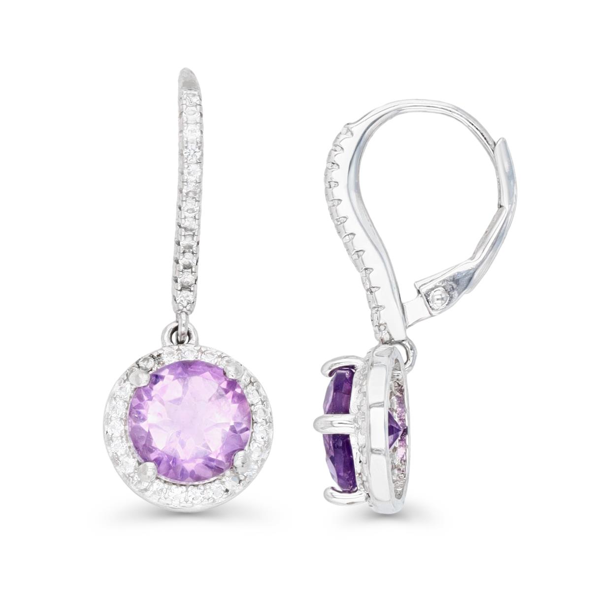 Sterling Silver Rhodium 8MM Round Rose de France & Cr White Sapphire Halo Leverback Dangling Earring