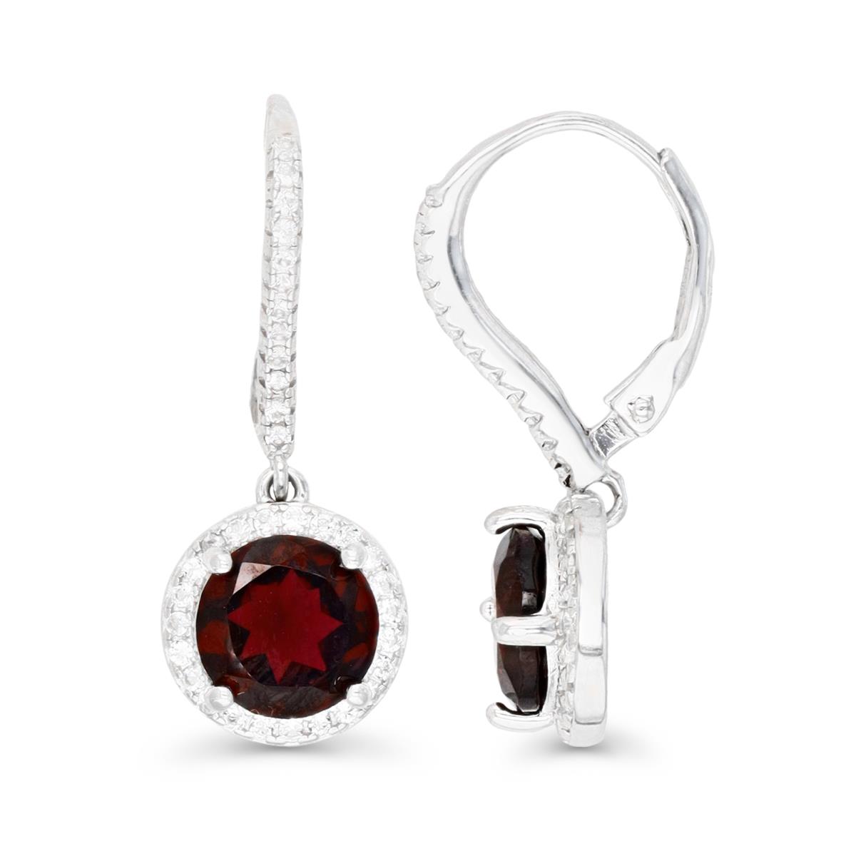 Sterling Silver Rhodium 8MM Round Garnet & Cr White Sapphire Halo Leverback Dangling Earring