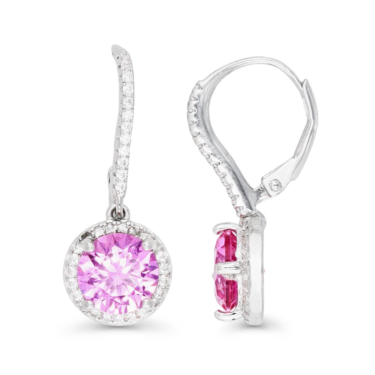 Sterling Silver Rhodium 8MM Round Cr Pink Sapphire & Cr White Sapphire Halo Leverback Dangling Earring