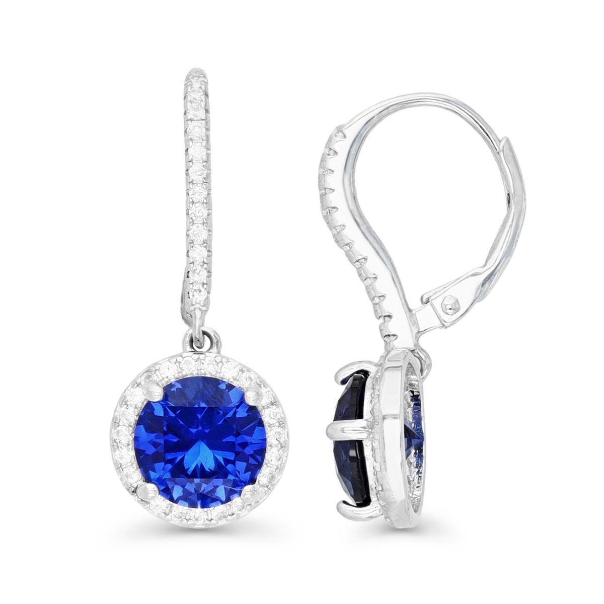 Sterling Silver Rhodium 8MM Round Cr Blue Sapphire & Cr White Sapphire Halo Leverback Dangling Earring
