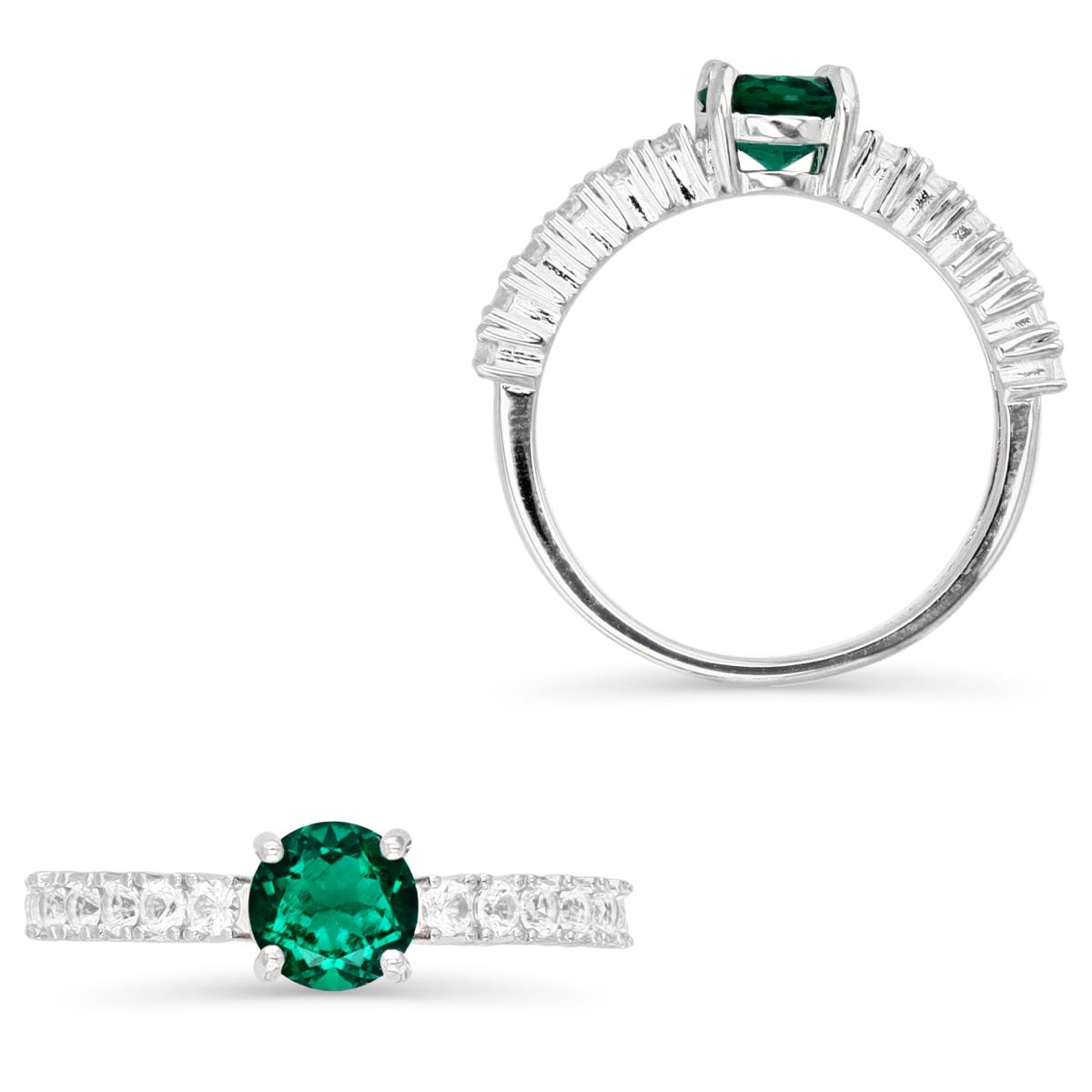 Sterling Silver Rhodium Centered 6MM Rnd Cr Emerald & Cr White Sapphire Pave Engagement Ring