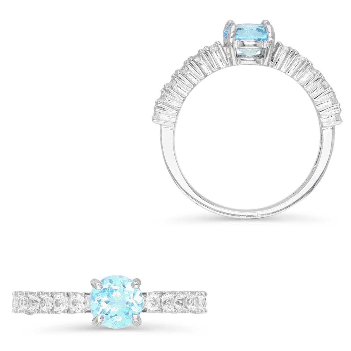Sterling Silver Rhodium Centered 6MM Rnd Blue Topaz & Cr White Sapphire Pave Engagement Ring