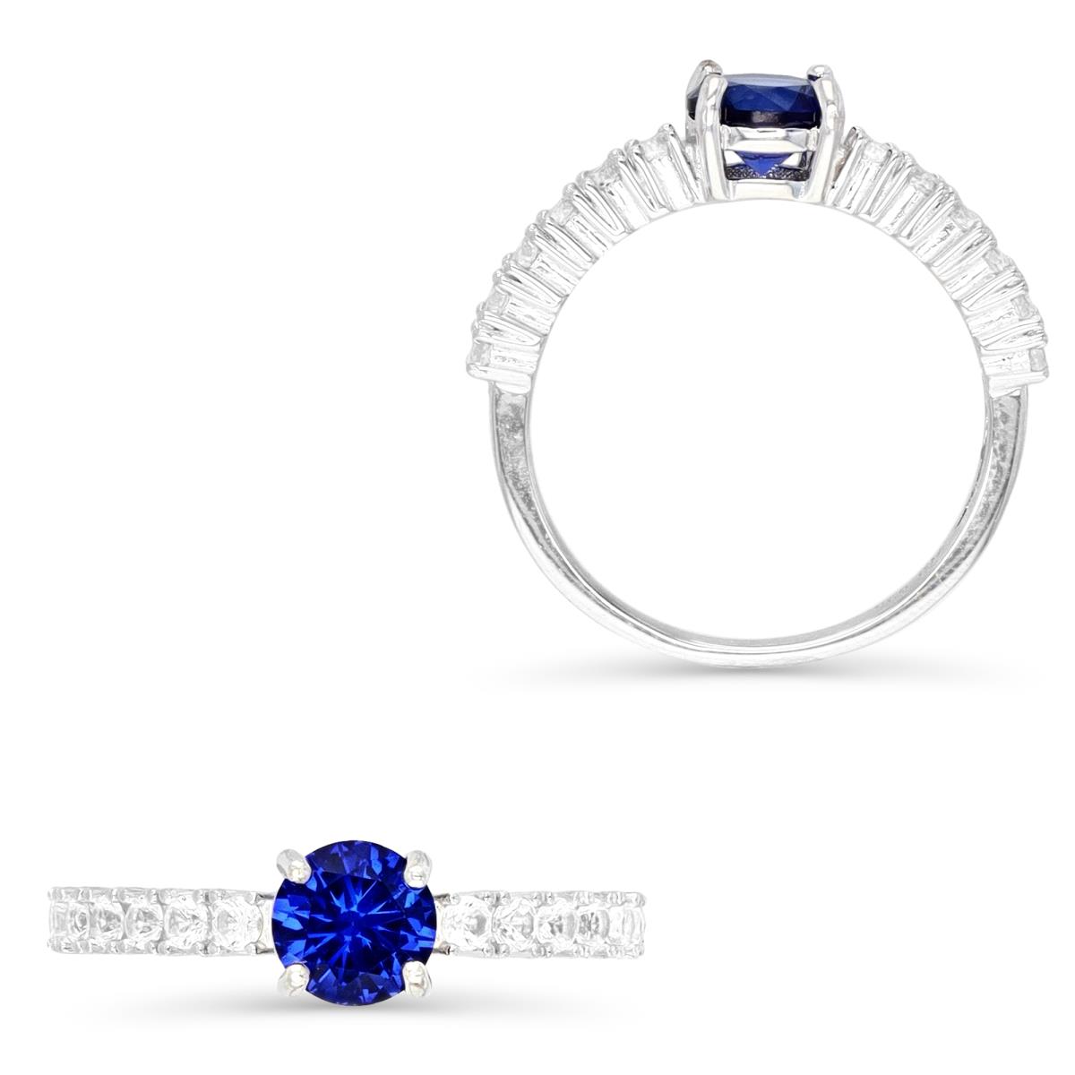 Sterling Silver Rhodium Centered 6MM Rnd Cr Blue Sapphire & Cr White Sapphire Pave Engagement Ring