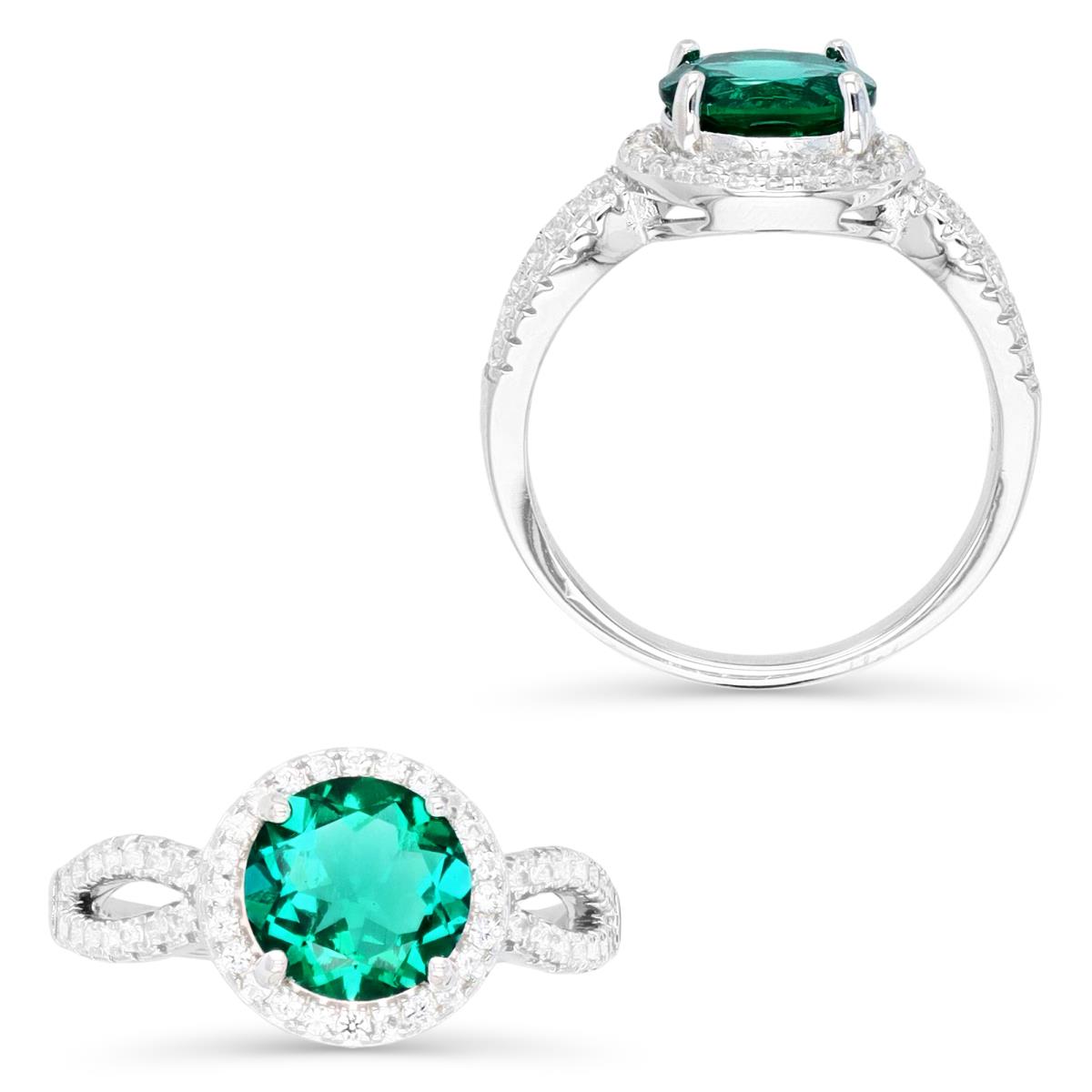 Sterling Silver Rhodium Halo 8MM Round Cr Emerald & Cr White Sapphire Engagement Ring