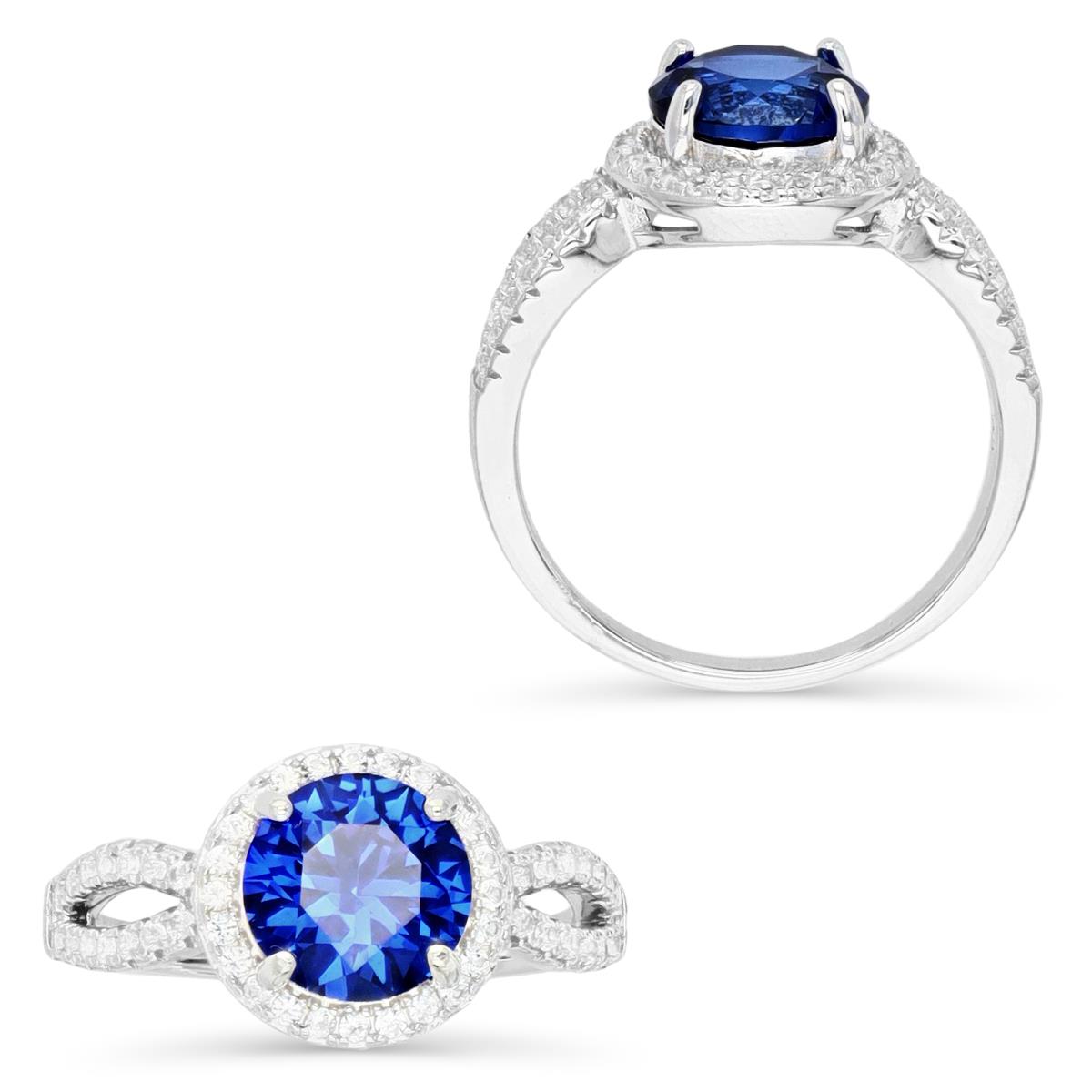 Sterling Silver Rhodium Halo 8MM Round Cr Blue Sapphire & Cr White Sapphire Engagement Ring