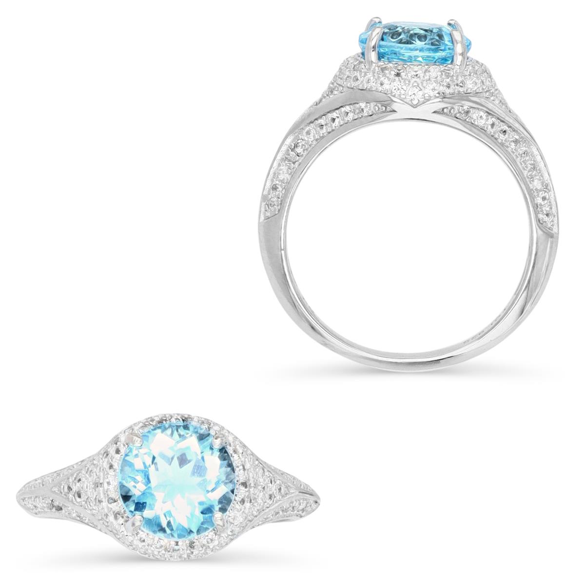 Sterling Silver Rhodium 8MM Round Cut Swiss Blue Topaz & Cr White Sapphire Engagement Ring
