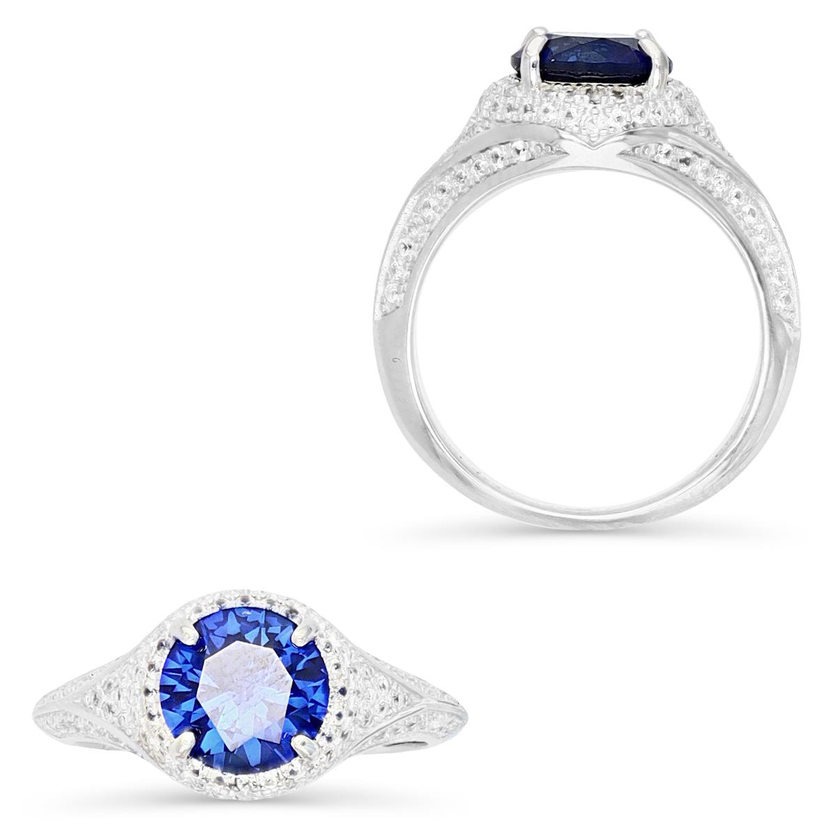 Sterling Silver Rhodium 8MM Round Cut Cr Blue Sapphire & Cr White Sapphire Engagement Ring
