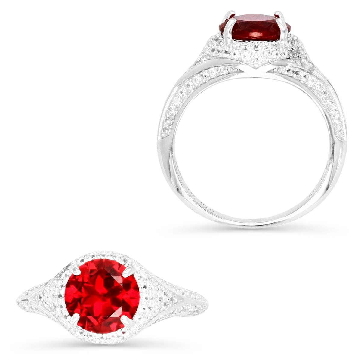 Sterling Silver Rhodium 8MM Round Cut Cr Ruby & Cr White Sapphire Engagement Ring