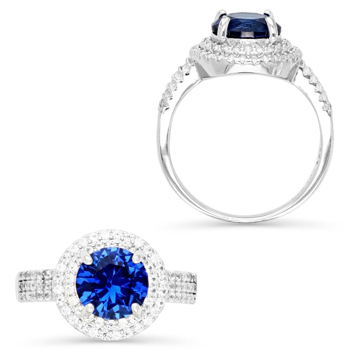 Sterling Silver Rhodium 8MM Round Cut Cr Blue Sapphire & Cr White Saphire Micropave Halo and Sides Eng Ring