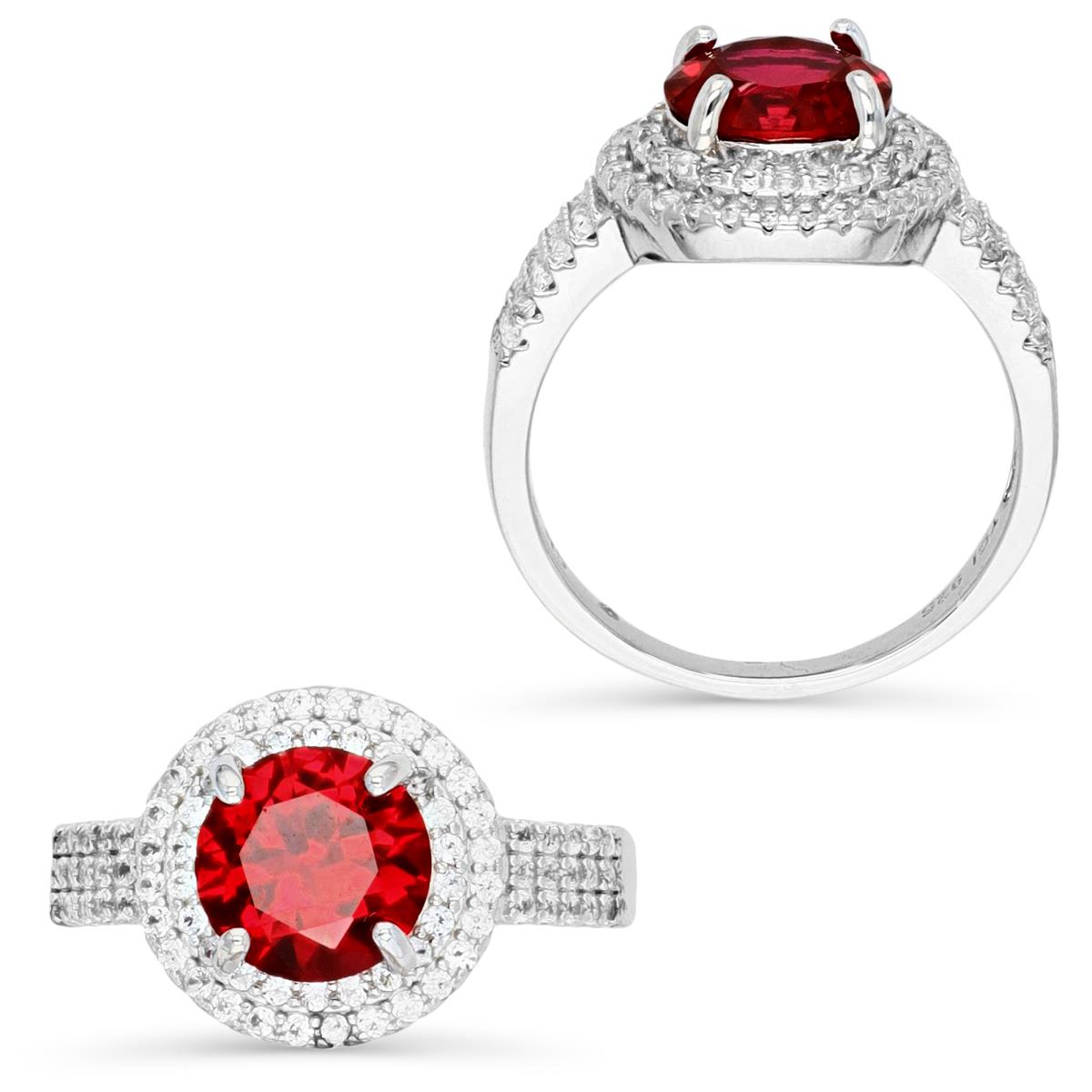 Sterling Silver Rhodium 8MM Round Cut Cr Ruby & Cr White Saphire Micropave Halo and Sides Eng Ring