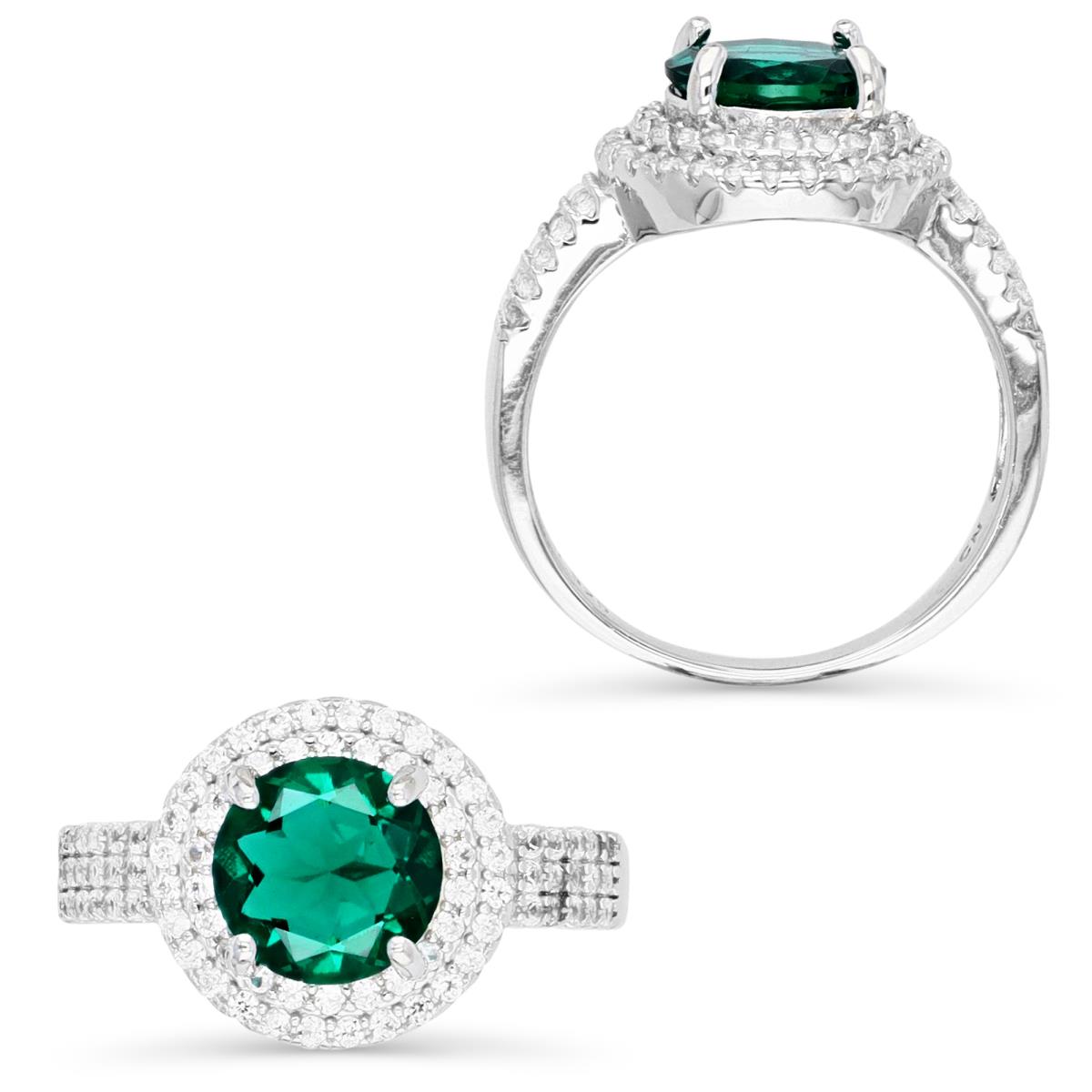 Sterling Silver Rhodium 8MM Round Cut Cr Emerald & Cr White Saphire Micropave Halo and Sides Eng Ring