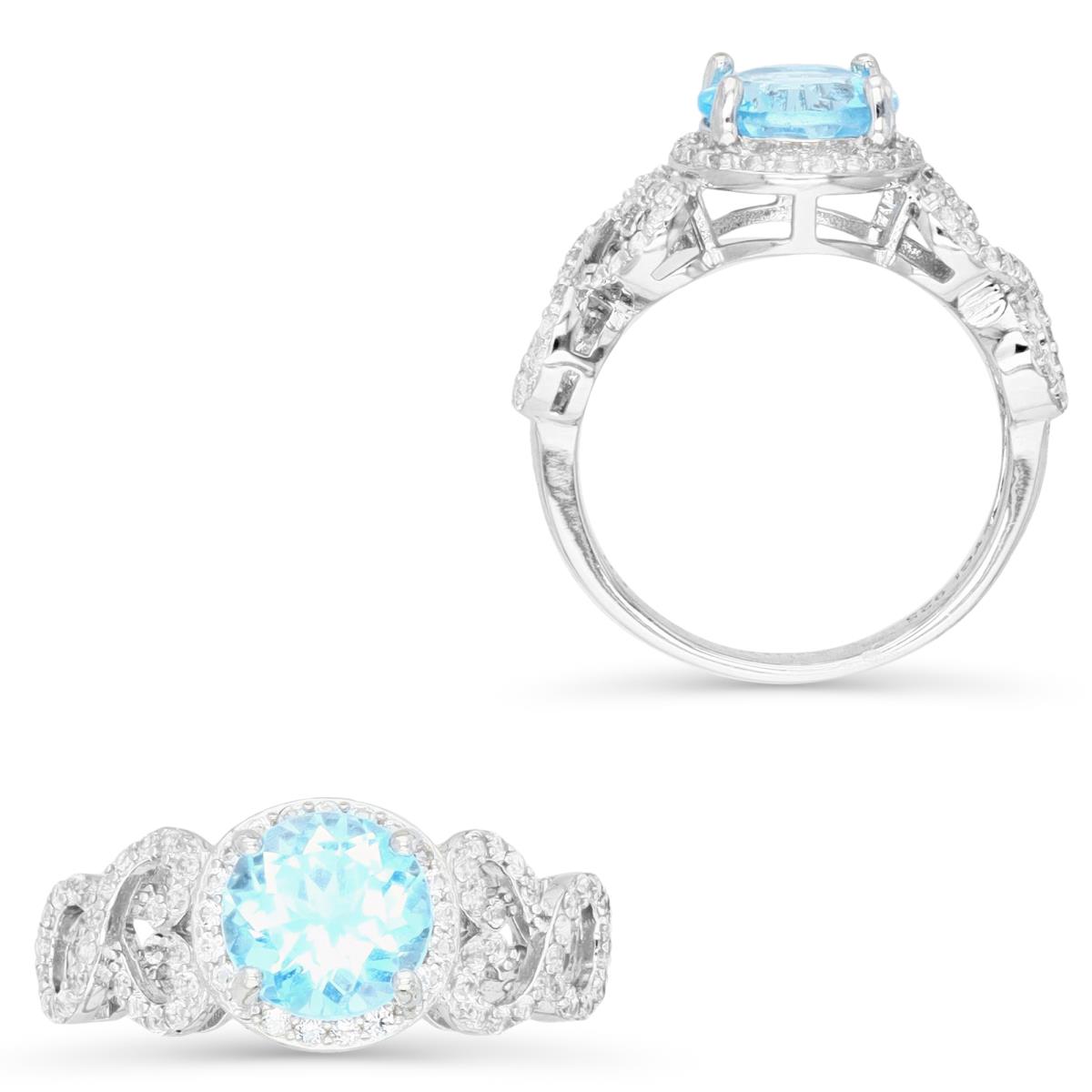 Sterling Silver Rhodium 8MM Round Cut Blue Topaz with Cr White Sapphire Micropave Filigree Sides Fashion Ring