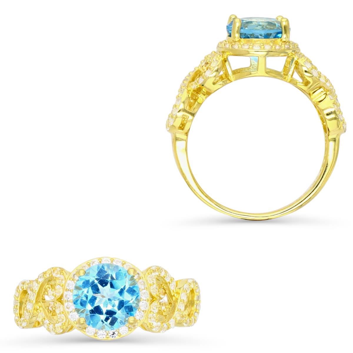 Sterling Silver Yellow 1M 8MM Round Cut Sky Blue Topaz with Cr White Sapphire Micropave Filigree Sides Fashion Ring