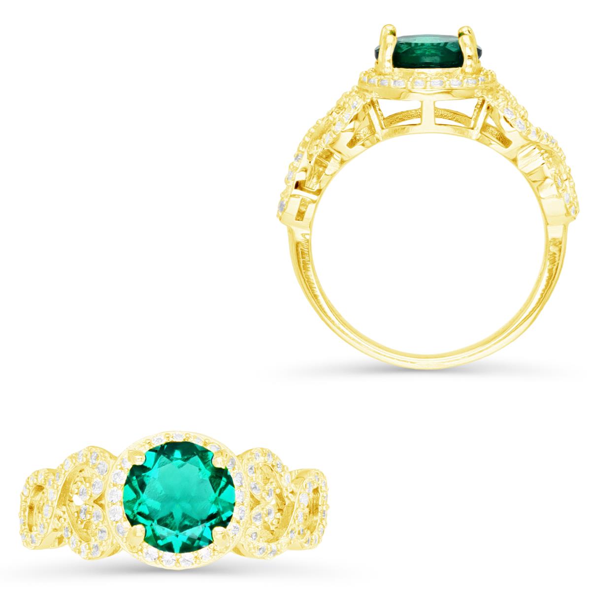Sterling Silver Yellow 8MM Round Cut Cr Emerald with Cr White Sapphire Micropave Filigree Sides Fashion Ring