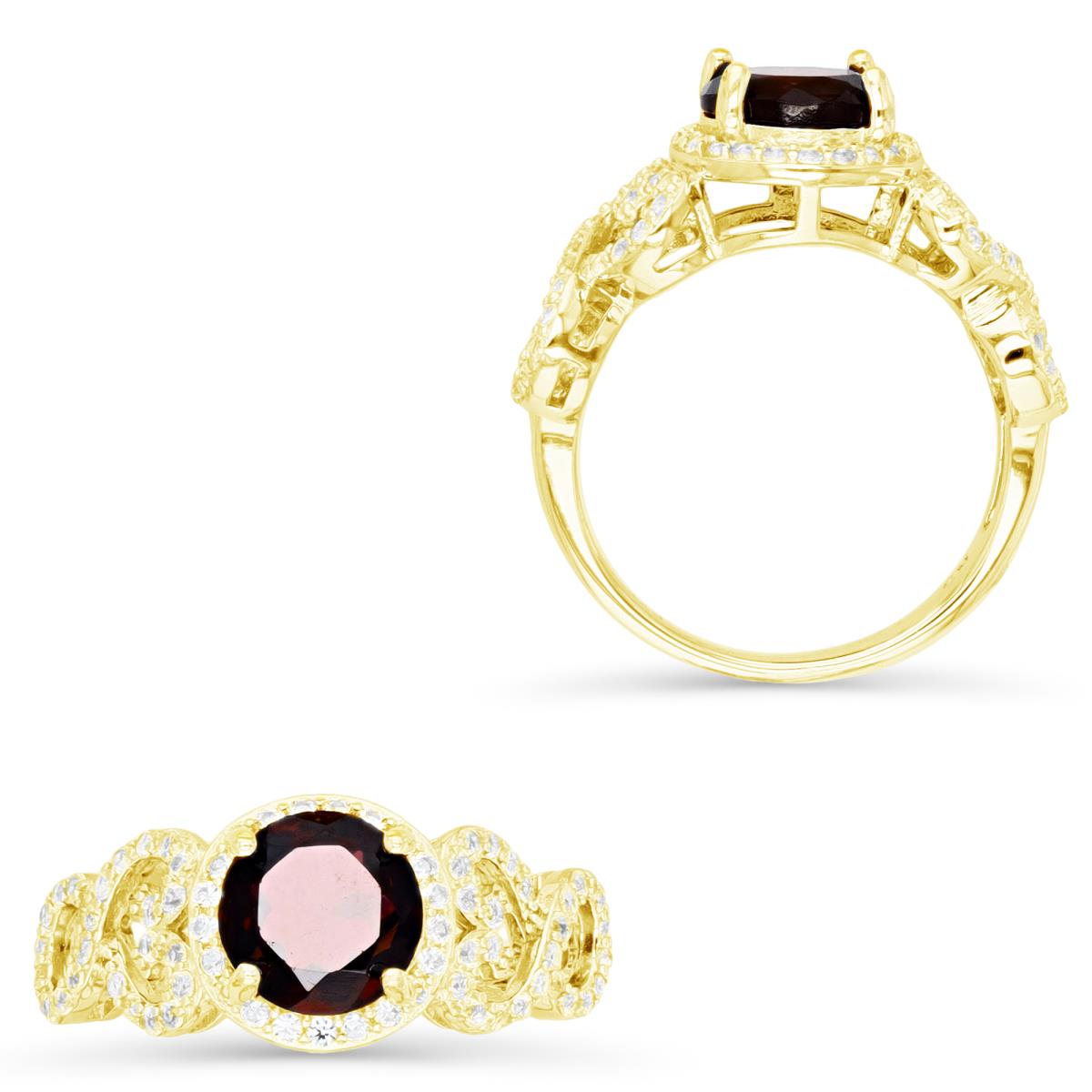 Sterling Silver Yellow 8MM Round Cut Garnet with Cr White Sapphire Micropave Filigree Sides Fashion Ring