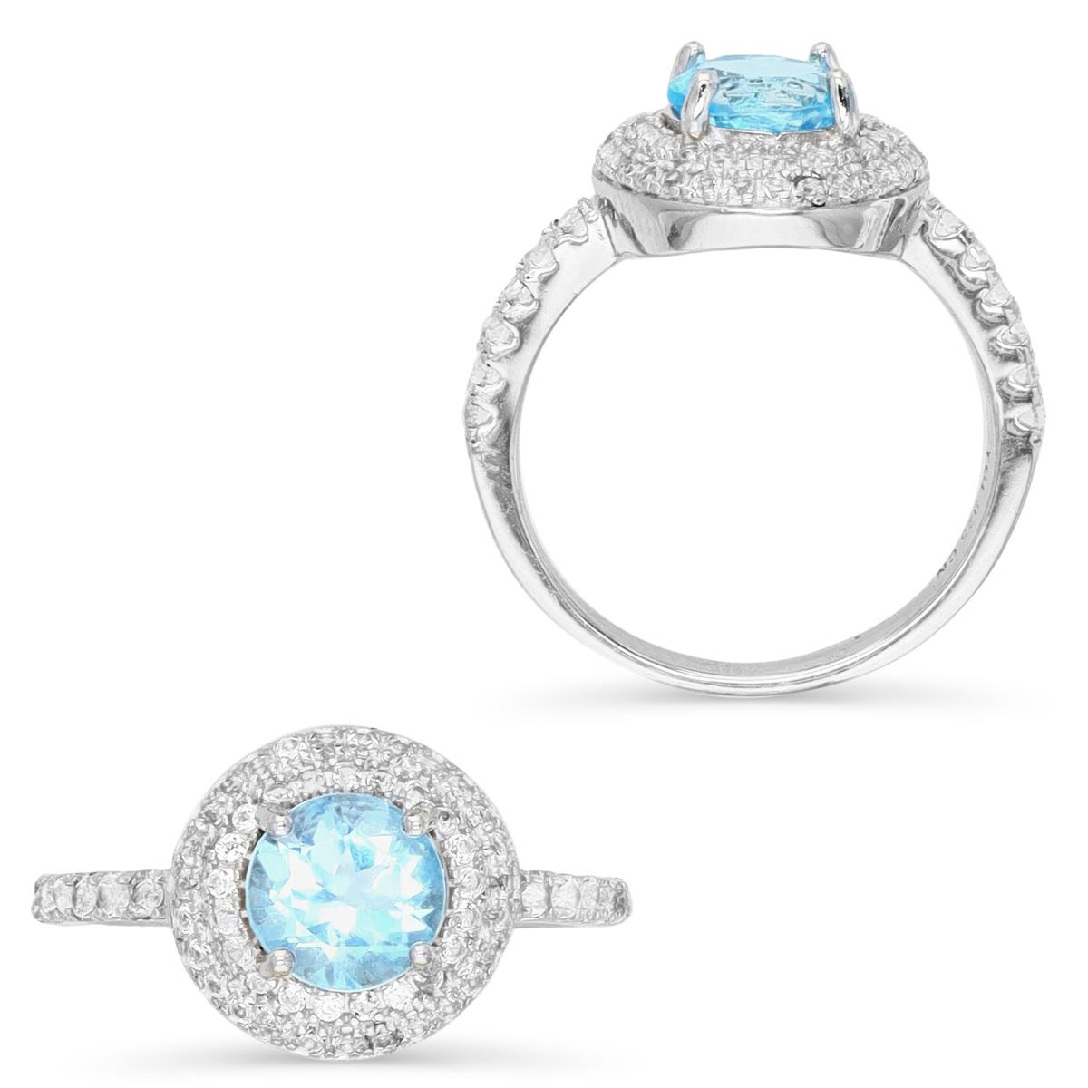 Sterling Silver Rhodium 7MM Round Cut Blue Topaz & Cr White Sapphire Halo Engagement Ring
