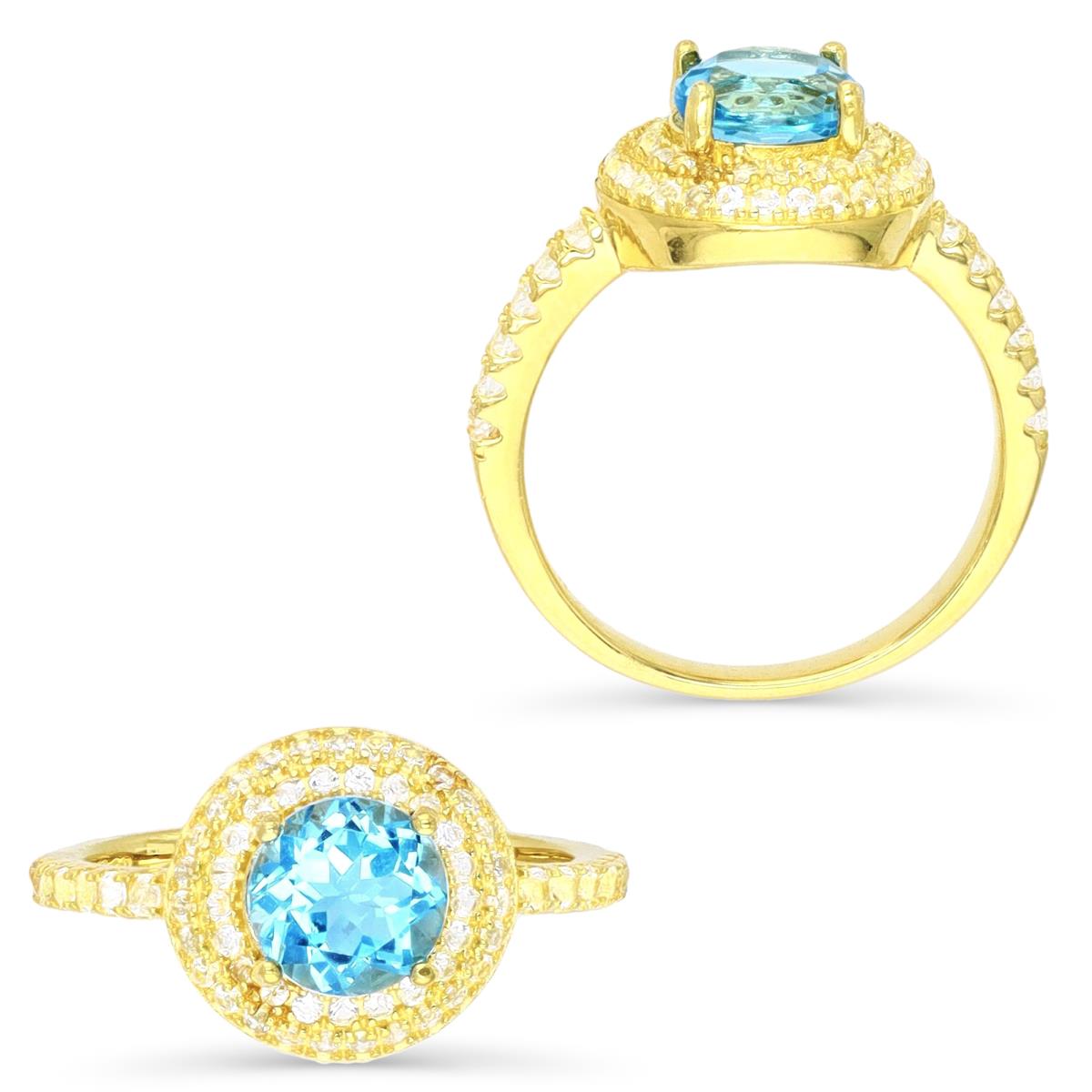 Sterling Silver Yellow 7MM Round Cut Sky Blue Topaz & Cr White Sapphire Halo Engagement Ring