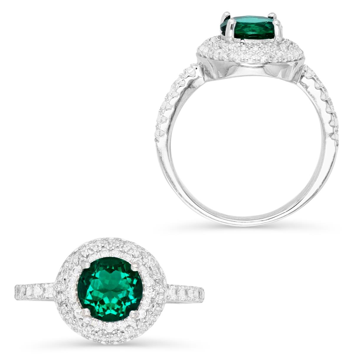 Sterling Silver Rhodium 7MM Round Cut Cr Emerald & Cr White Sapphire Halo Engagement Ring