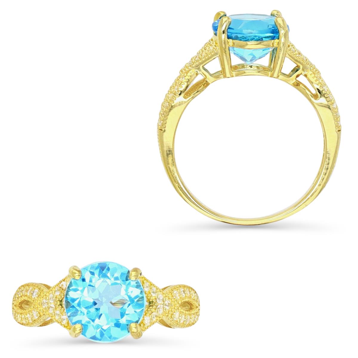 Sterling Silver Yellow  9MM Round Cut Sky Blue Topaz & Cr White Sapphire Braided Eng Ring