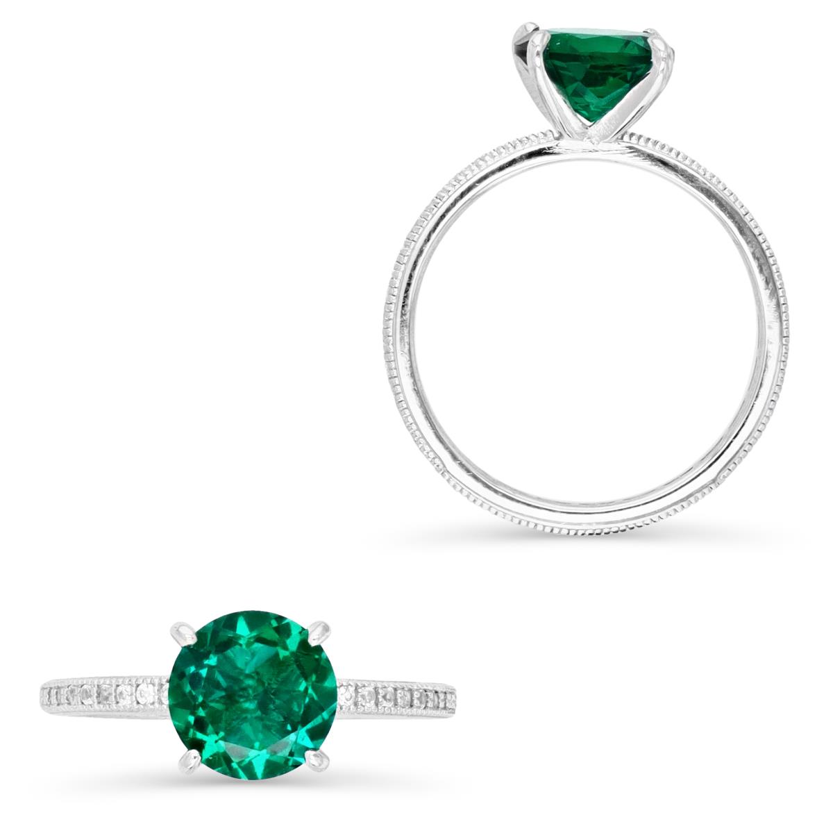 Sterling Silver 8MM Round Cut Cr Emerald & Cr White Sapphire Eternity Eng Ring