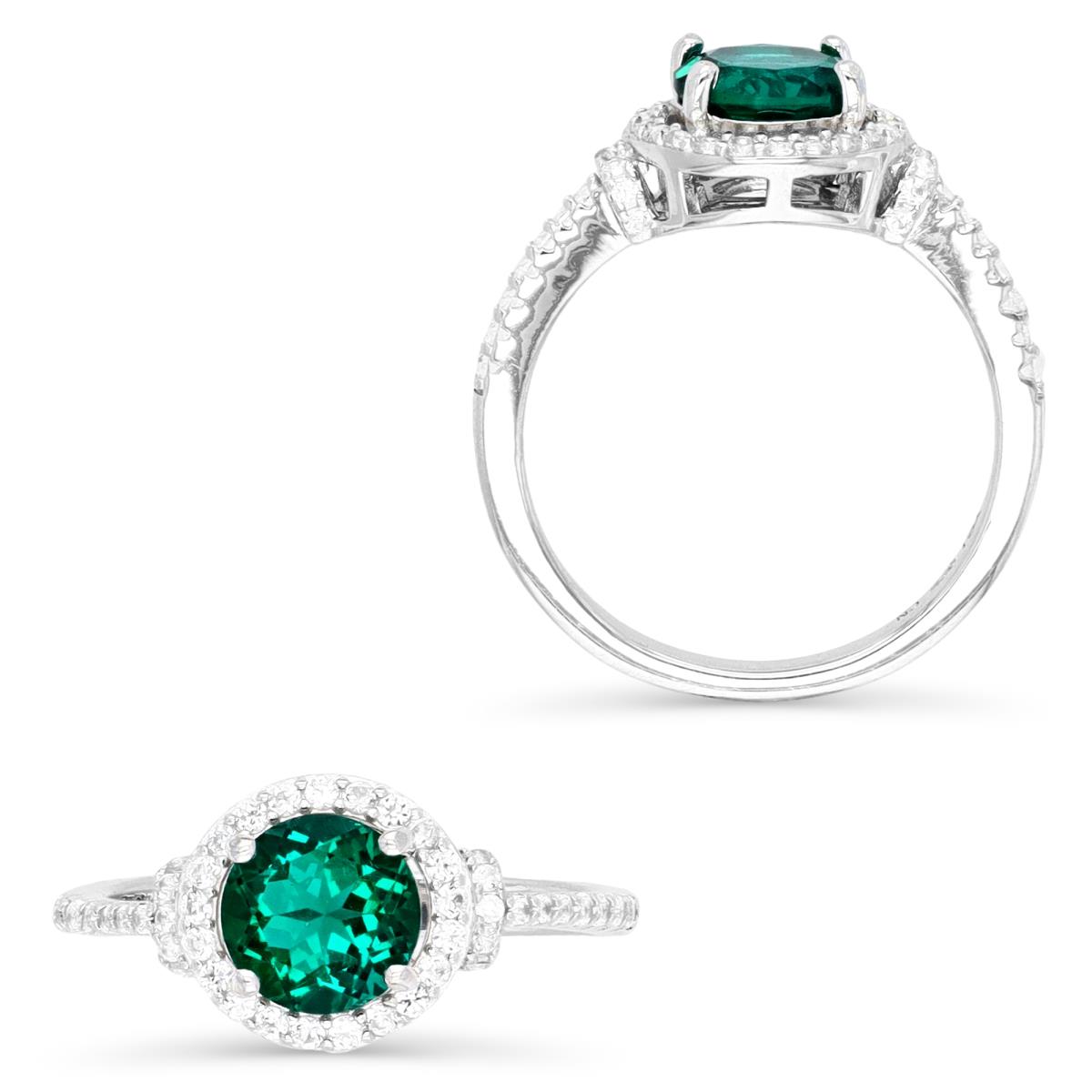 Sterling Silver Rhodium 7MM Rnd Cr Emerald & Cr White Sapphire Halo Engagement Ring