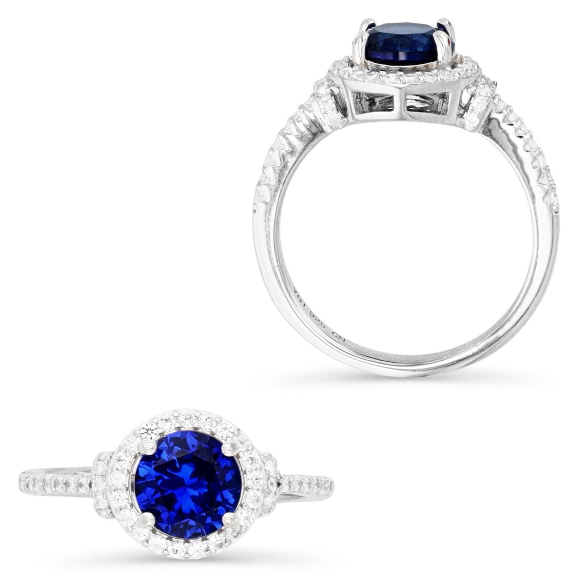 Sterling Silver Rhodium 7MM Rnd Cr Blue Sapphire & Cr White Sapphire Halo Engagement Ring