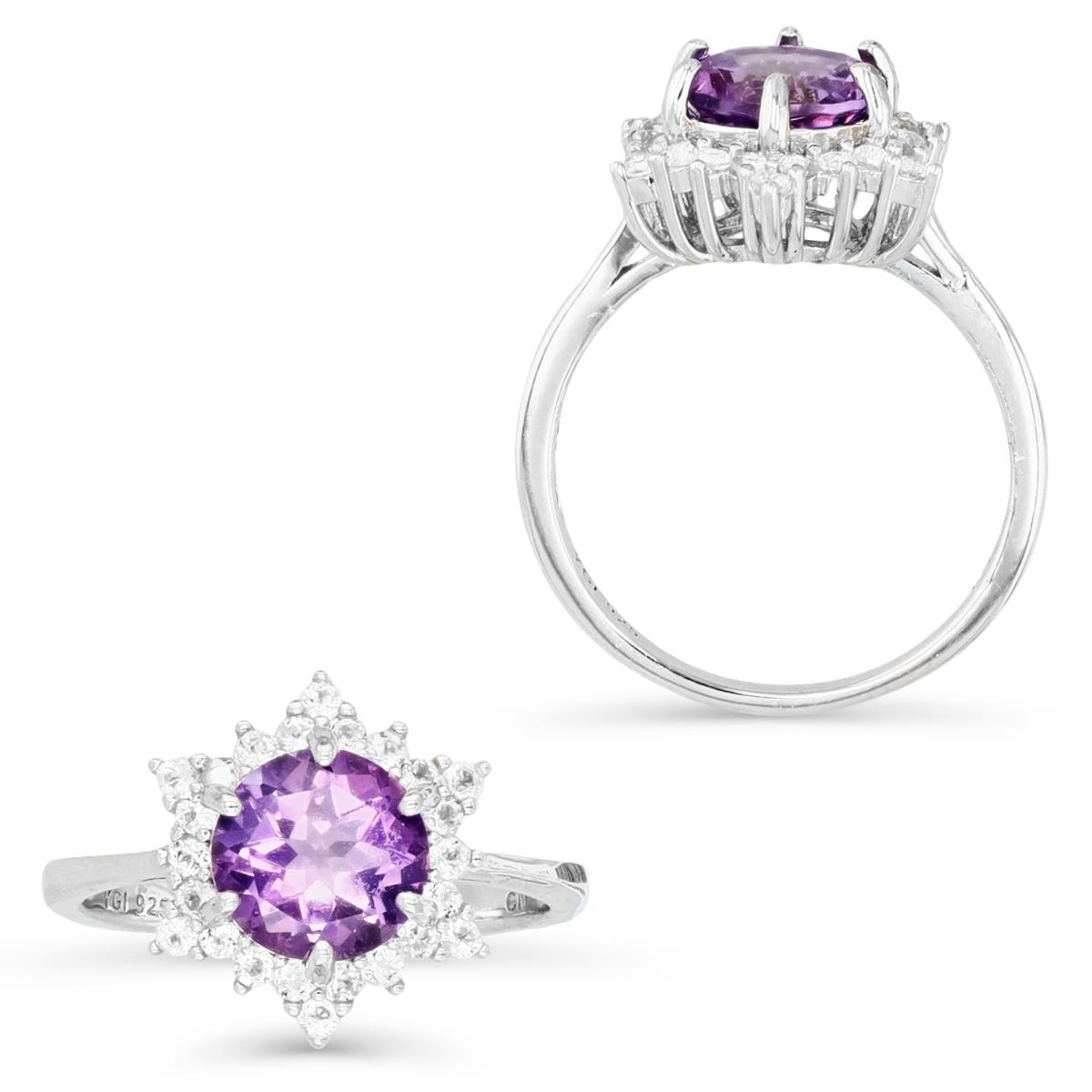 Sterling Silver Rhodium 8MM Round Amethyst & Cr White Sapphire Halo Solitaire Engagement Ring