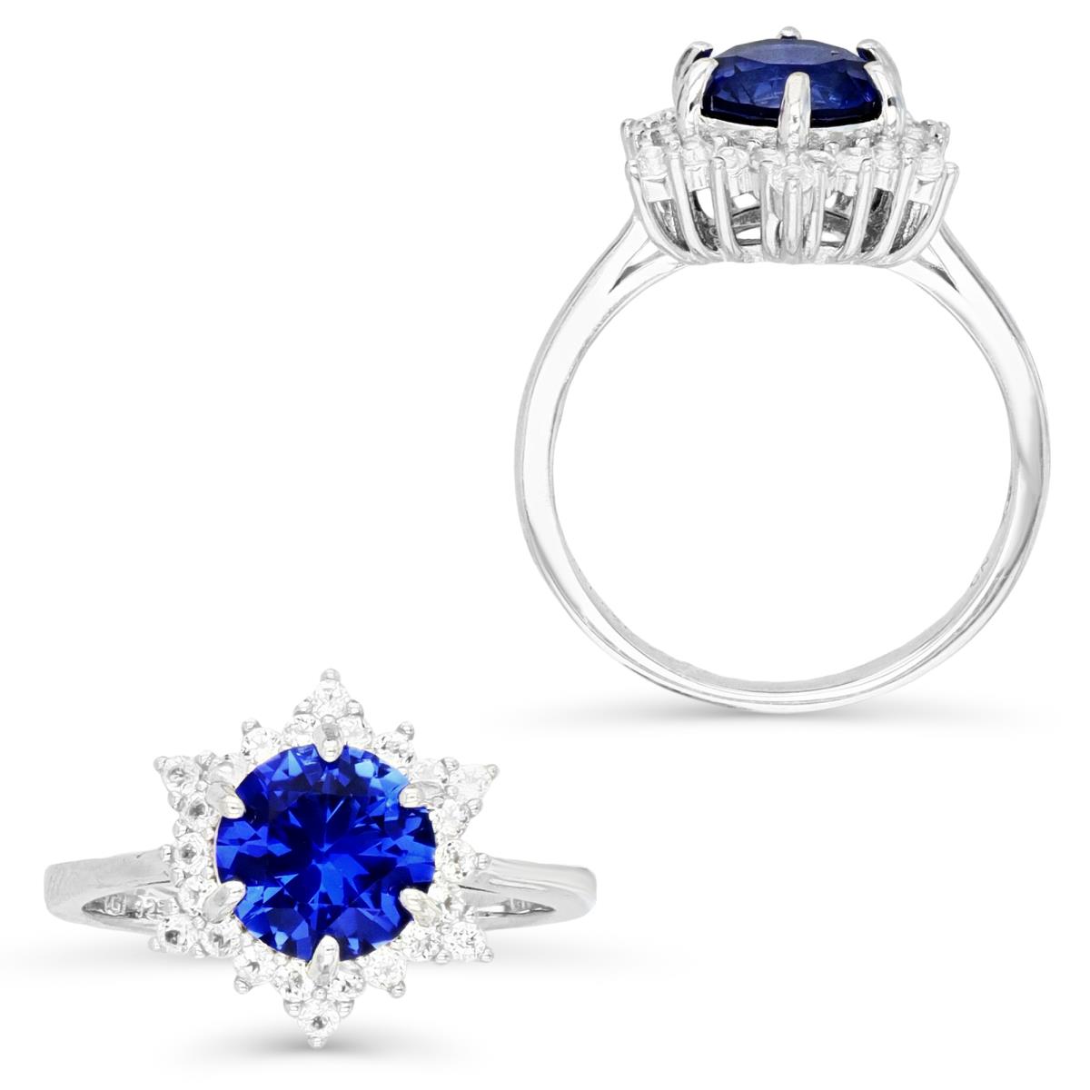 Sterling Silver Rhodium 8MM Round CR Blue Sapphire & Cr White Sapphire Halo Solitaire Engagement Ring