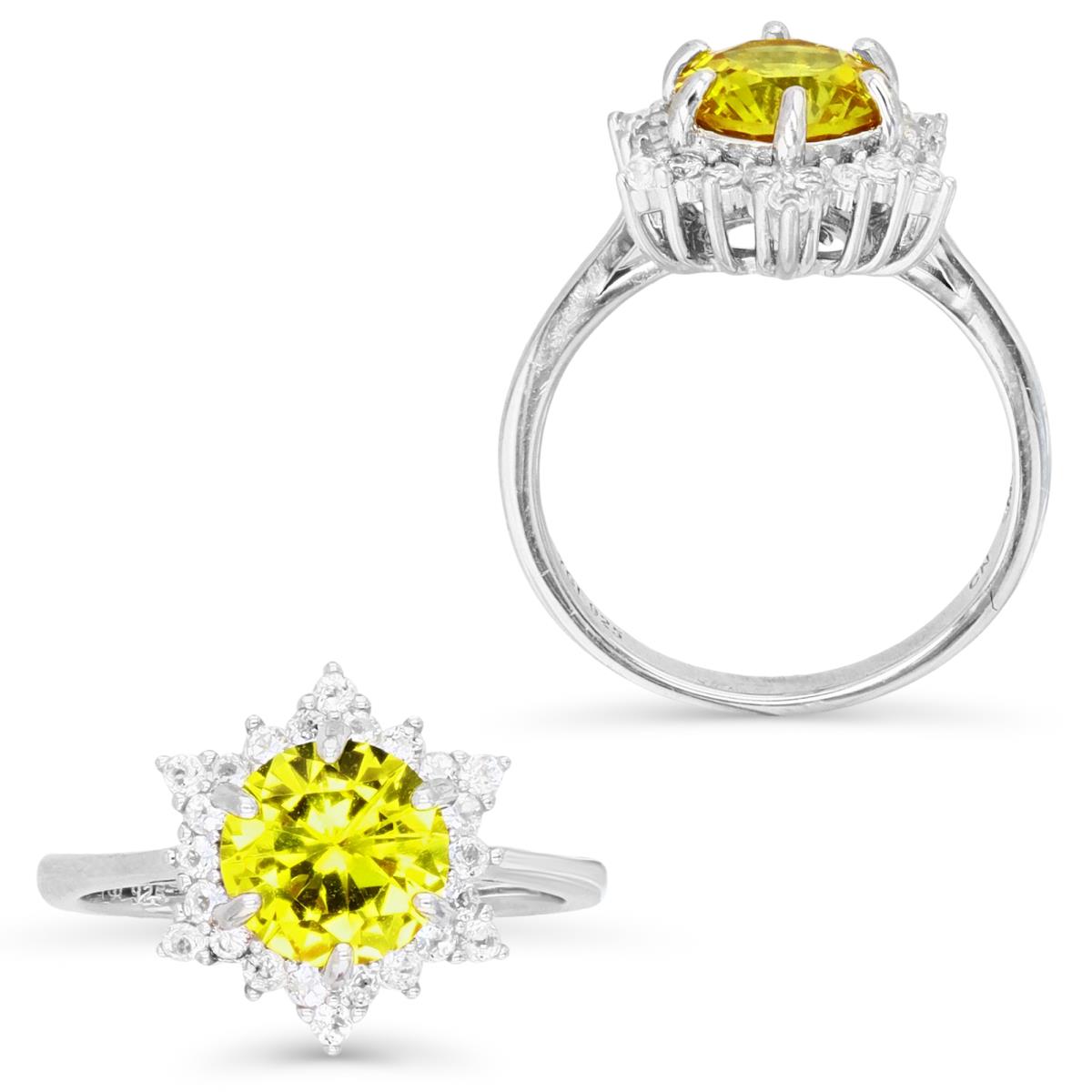 Sterling Silver Rhodium 8MM Round CR Yellow Sapphire & Cr White Sapphire Halo Solitaire Engagement Ring
