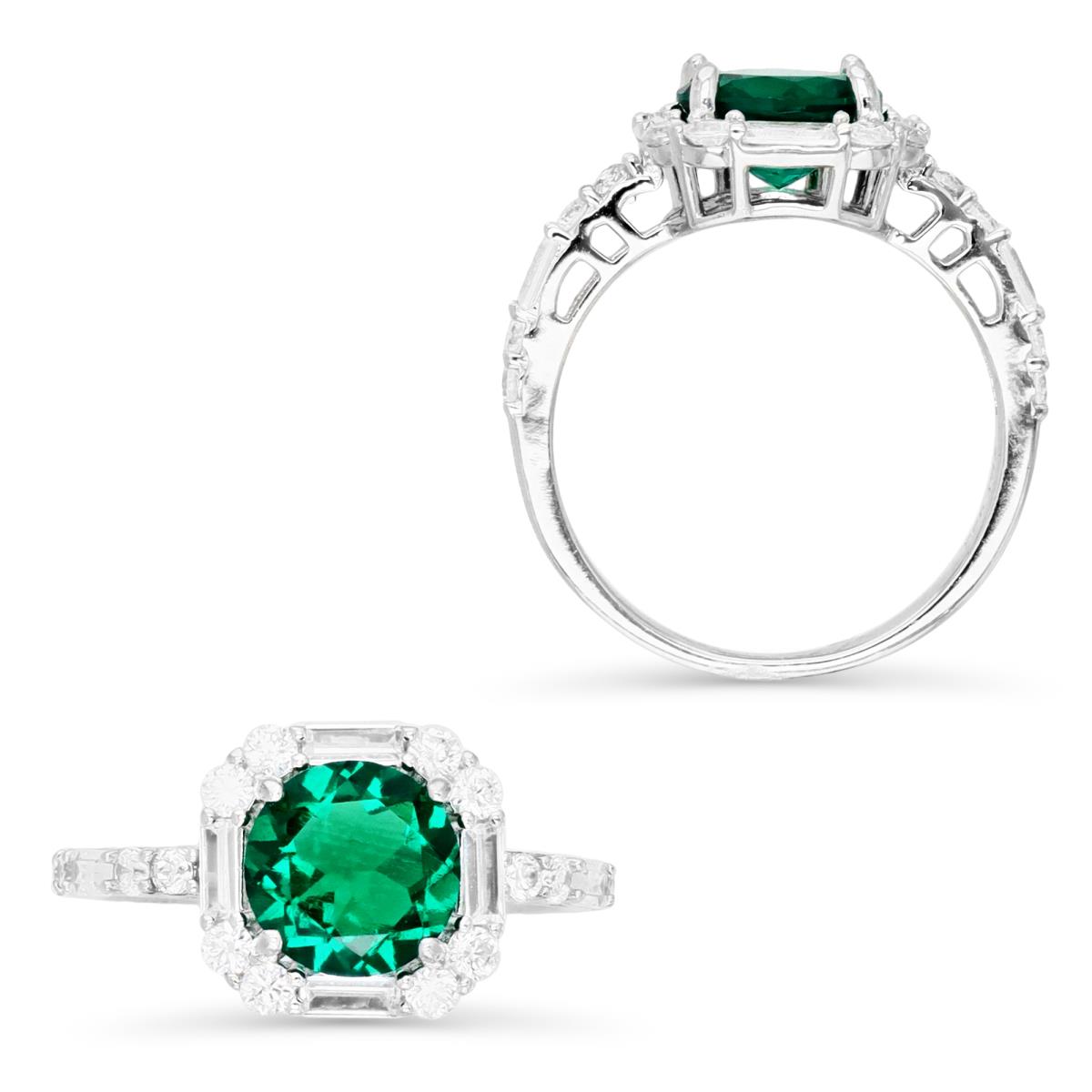 Sterling Silver Rhodium 8MM Round Cr Emerald with Rd & Bgt Cr White Sapphire Engagement Ring