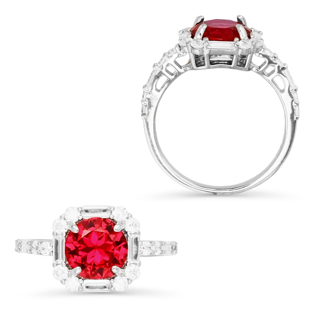 Sterling Silver Rhodium 8MM Round Cr Ruby with Rd & Bgt Cr White Sapphire Engagement Ring