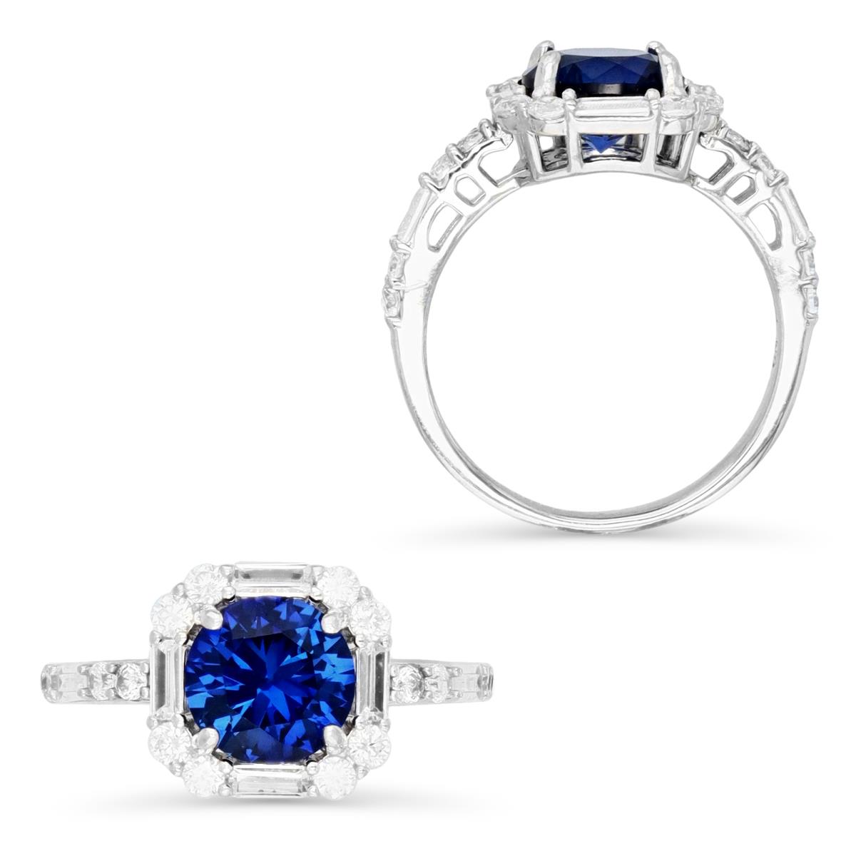 Sterling Silver Rhodium 8MM Round Cr Blue Sapphire with Rd & Bgt Cr White Sapphire Engagement Ring