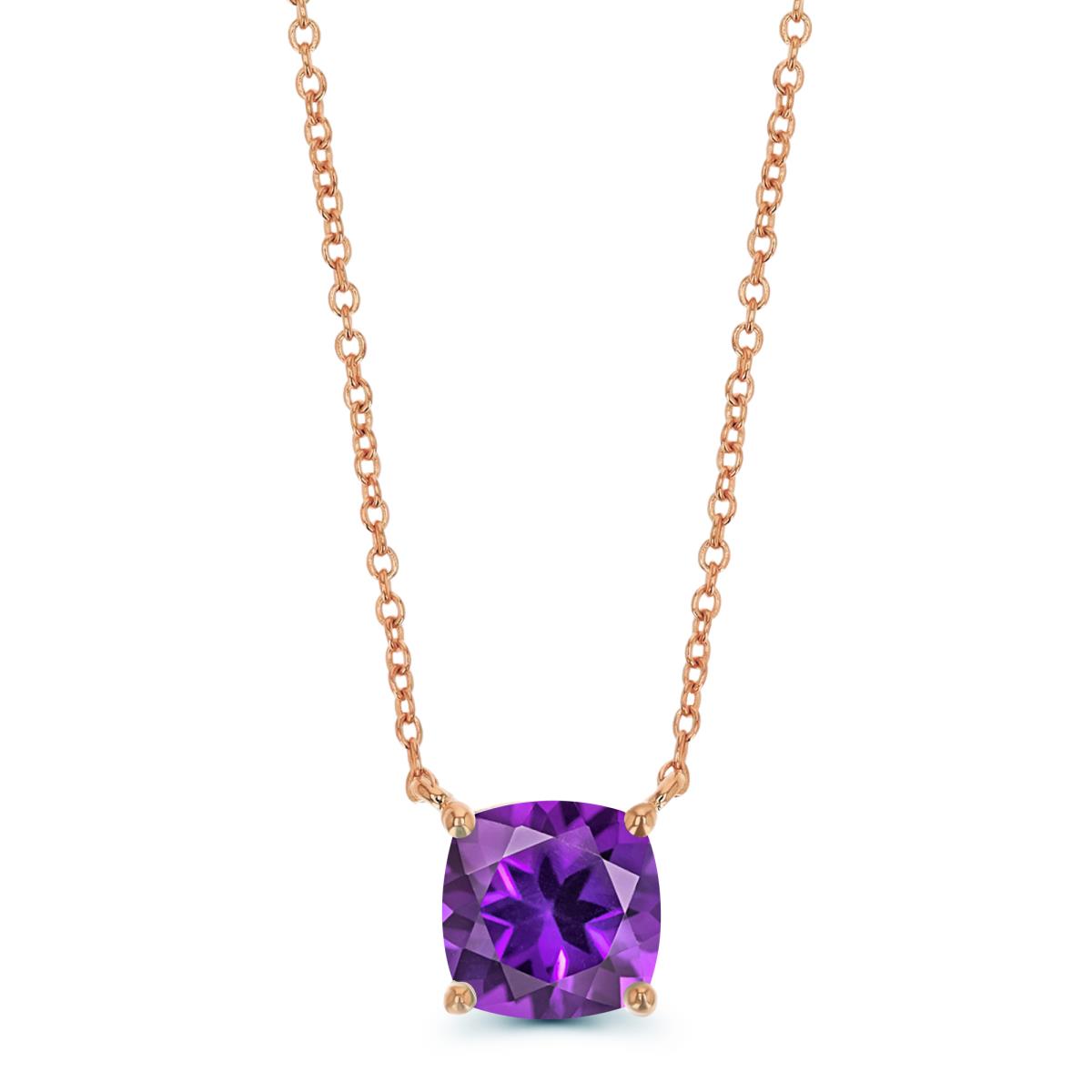 14K  Rose & 6mm Cushion Ct. Amethyst Solitaire 16+2" Necklace