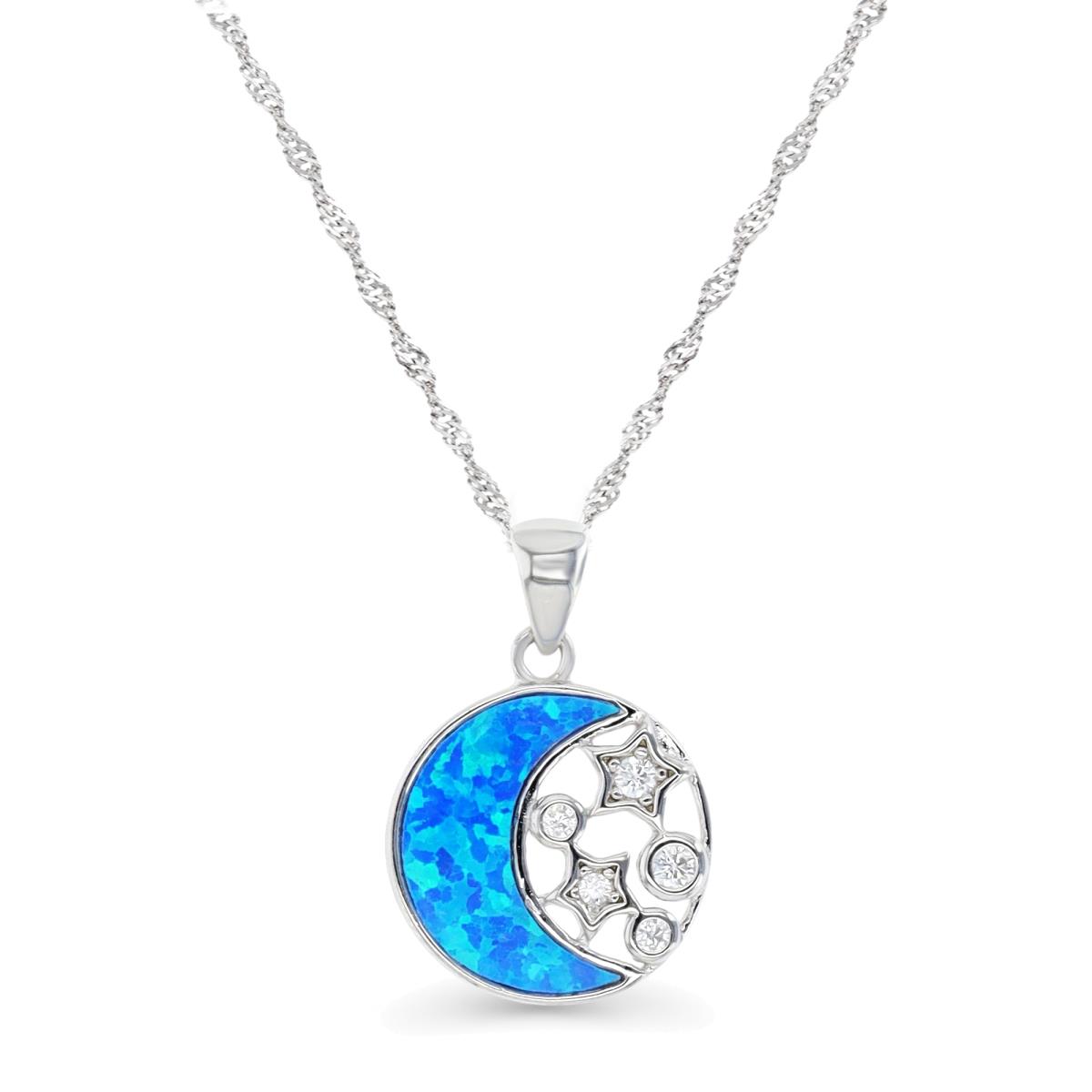 Sterling Silver Rhodium & Cr. Blue Opal and Cr. White Sapphire Moon and Stars 13MM Disc 18+2" Singapore Necklace
