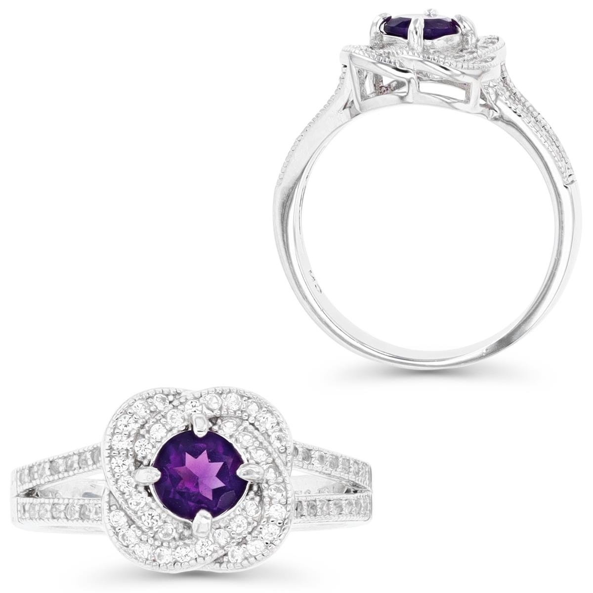 Sterling Silver Rhodium 6MM Round Amethyst & Cr White Sapphire Micropave  Love Knot Ring