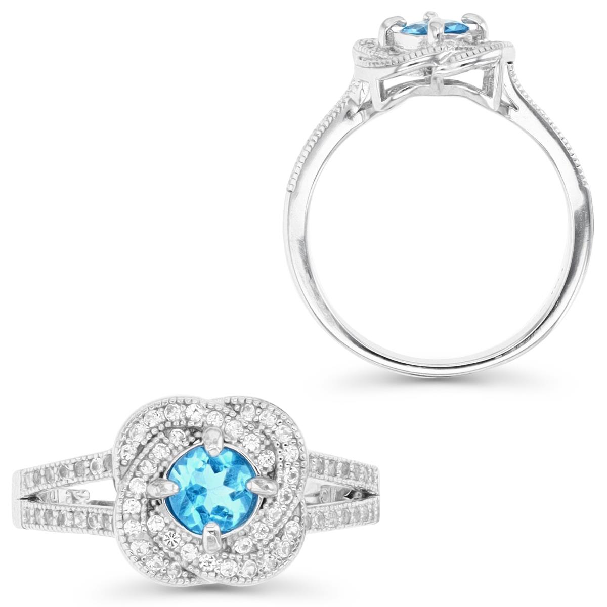 Sterling Silver Rhodium 6MM Round Blue Topaz & Cr White Sapphire Micropave  Love Knot Ring