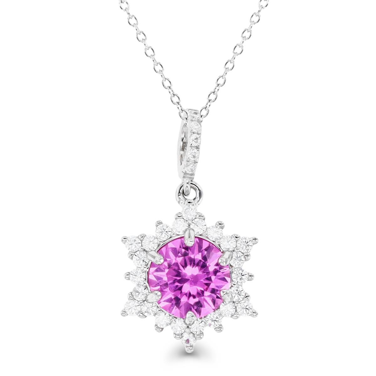 Sterling Silver Rhodium 25X8MM Cr Pink Sapphire & Cr White Sapphire Dangling Star 18'' Necklace