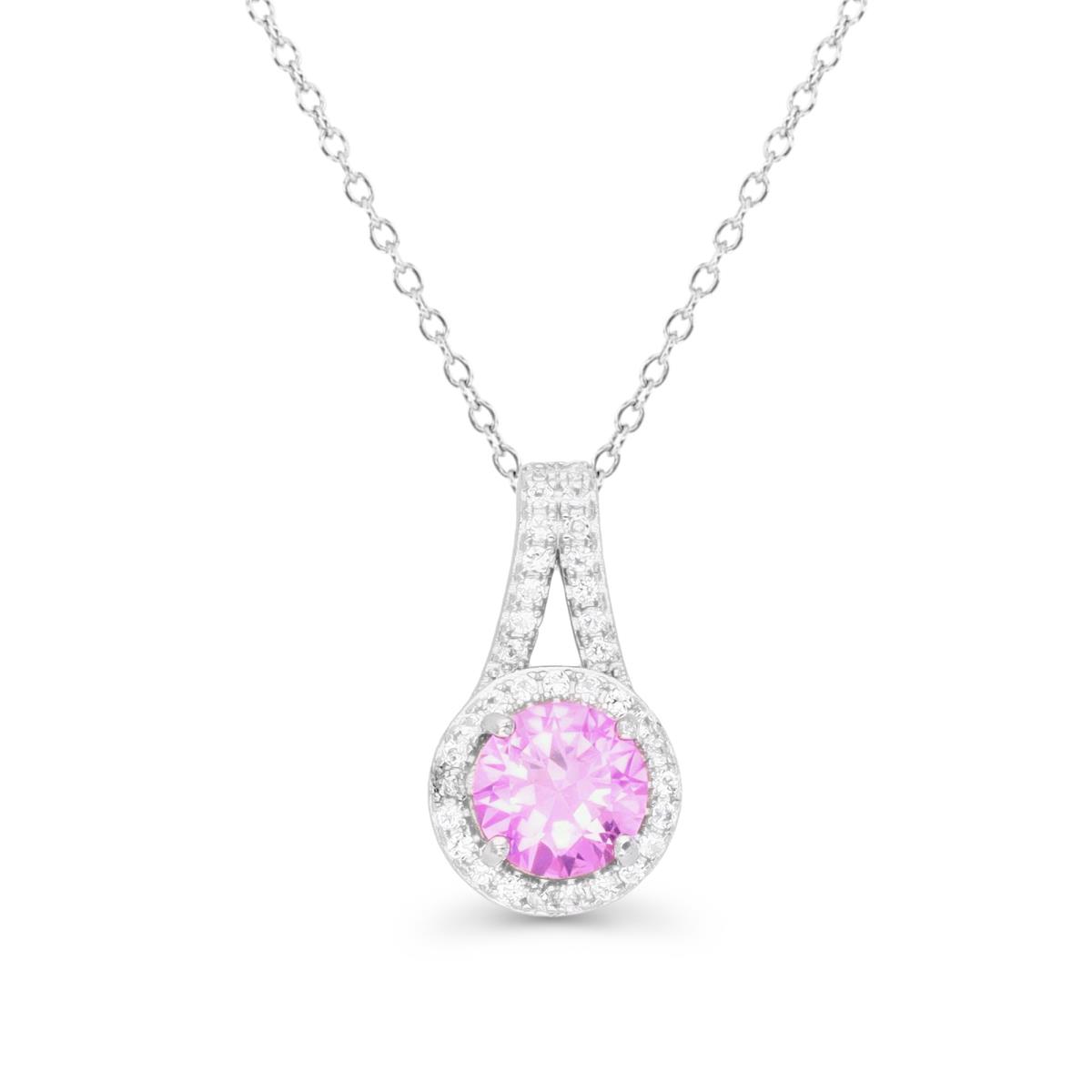 Sterling Silver Rhodium 7MM Cr Pink Sapphire & Cr White Sapphie Halo 18'' Necklace