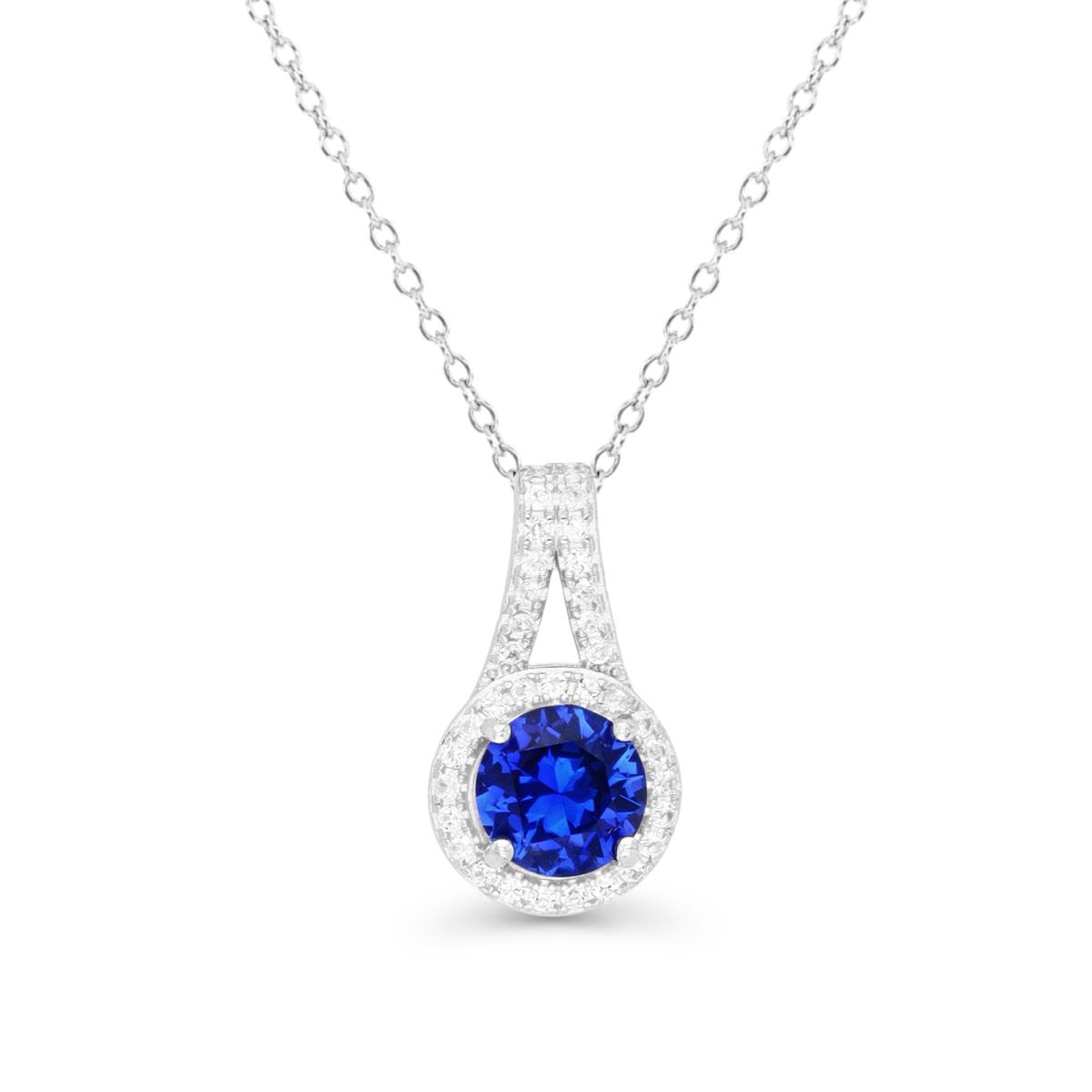 Sterling Silver Rhodium 7MM Cr Blue Sapphire & Cr White Sapphie Halo 18'' Necklace