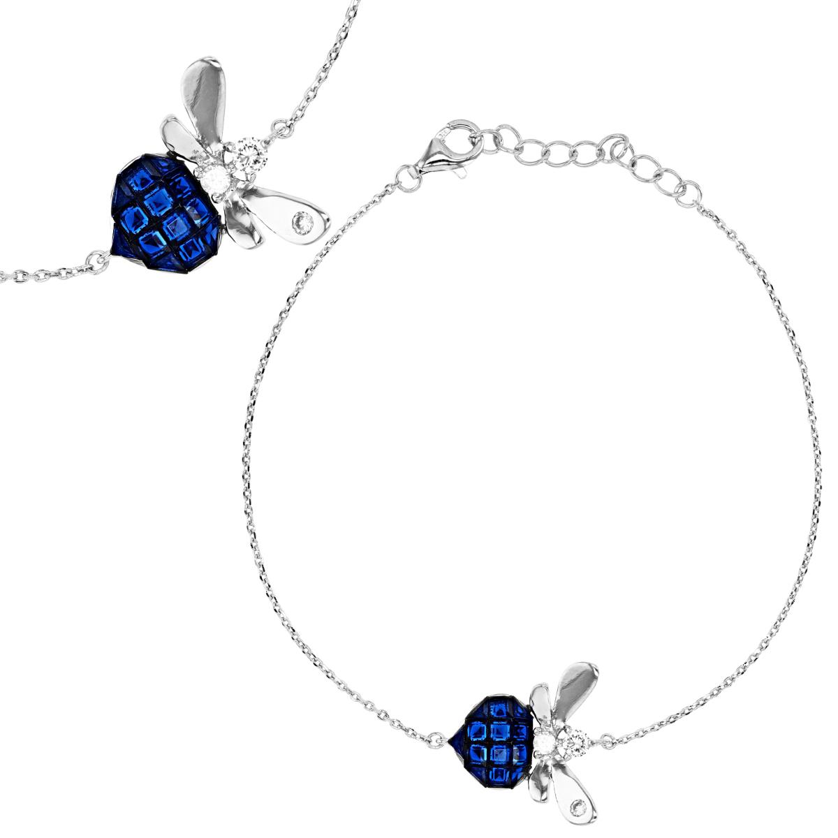 Sterling Silver Rhodium 18X18MM Polished Created Blue Sapphire & White CZ Heart Dangling 7+1'' Bracelet